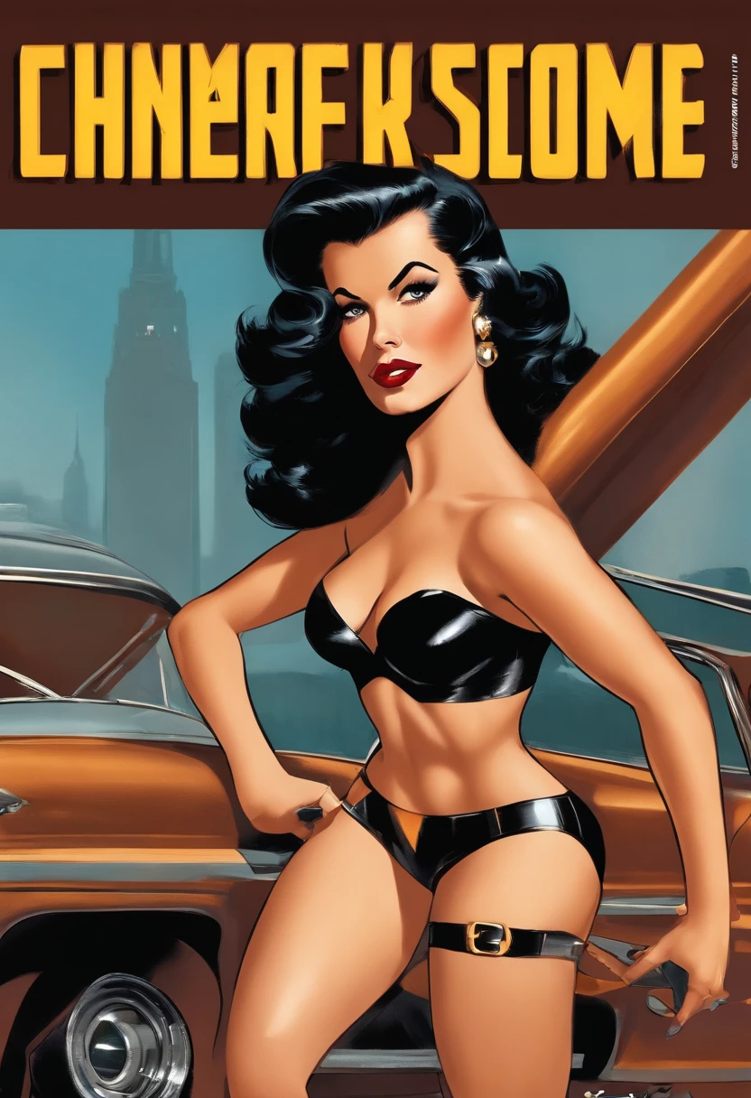 Mulher pinup, scifi vintage, black hair, leather, Nylons, cenario scifi, Planeta futurista, brown eyes, black bikini top, superhero, muscles, golden thong bottom, muscular, sexy, Mulher pinup, Mulher pinup, 1950s, comic, comic style,