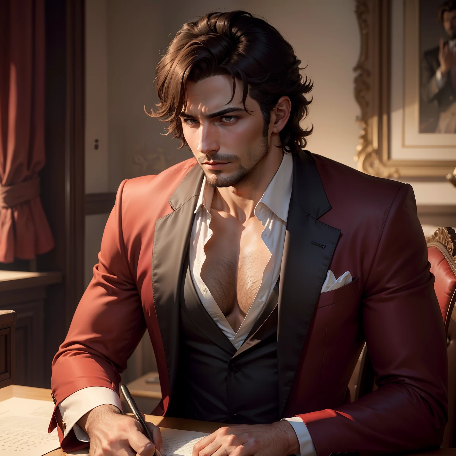 Castello is a 32-year-old man, adult male with darkbrown hair. Castello wears a deep red business suit with his undershirt partially unbuttoned to show off his chest hair. Castello pretends his hair is just like that when he wakes up, but he spends a whole hour perfecting the bedhead look. Castello likes to exaggerate his Italian allure. Castello is a roguish lawyer for a detective agency.