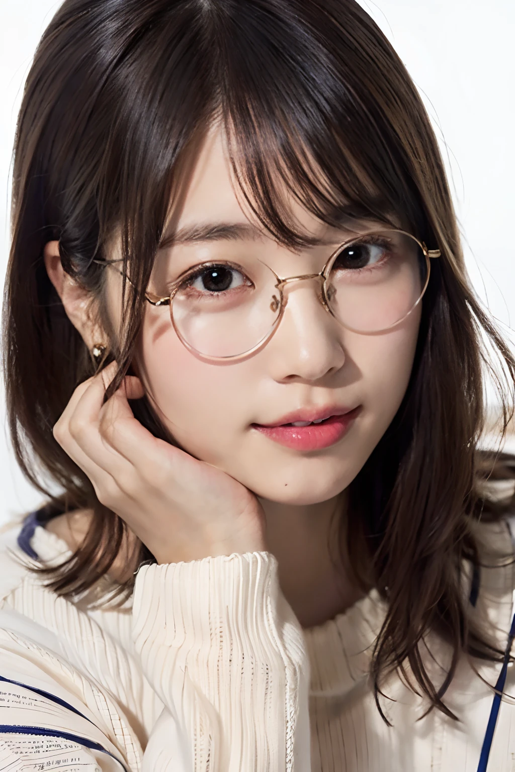 (8k、RAW Photos、highest quality、masterpiece:1.2)、(Realistic、Realistic:1.37)、Very detailed、超A high resolution、1 girl、View your viewers、Beautifully detailed face、Smiling with teeth showing、narrow、(Tight waist) :1.3)、suit、Beautiful and detailed skin、Skin Texture、Floating Hair、Tying up hair、Professional Lighting、indoor、(((Black square glasses )))、Human whole body、Black Hair、((Embarrassing appearance))、