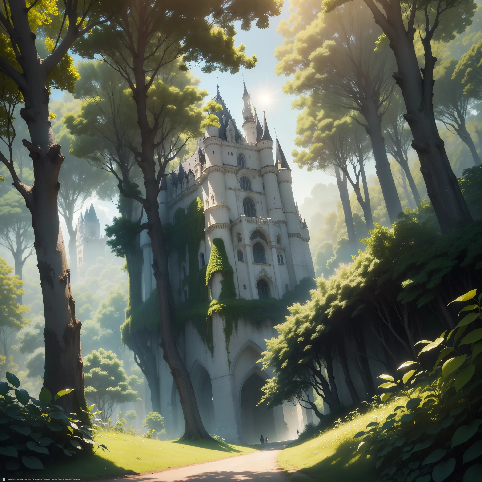 (master part),(melhor qualidade:1.0), (Ultra High Definition:1.0), Detailed illustration, luz do dia, sol radiante refletindo, floresta, poucas nuvens, passaros voando (Castelo Gigante Misterioso), imagem de profundidade