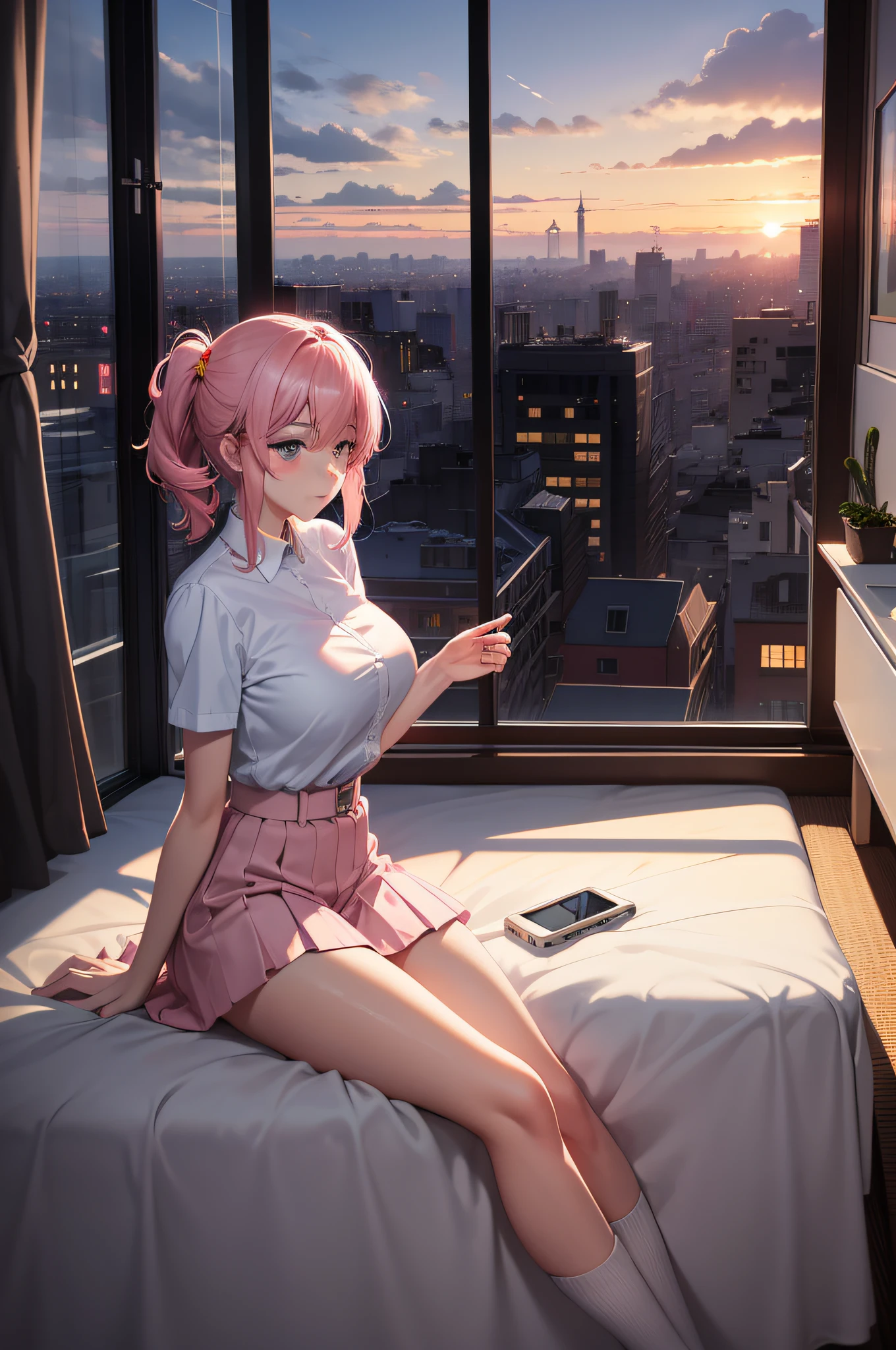 There was a room，You can see the city at night, Landscape wallpaper aesthetics, wallpaper aesthetic, beautiful aesthetic art, Beautiful and aesthetic, Praise Artstyle, Beautiful cityscape, Lofi art, cozy wallpaper, Anime background art, cityscape in the window, watching the sunset. anime big breast, animeaesthetic, lo-fi illustration style, City sunset, lofi aesthetics，Short pink skirt，white legwear