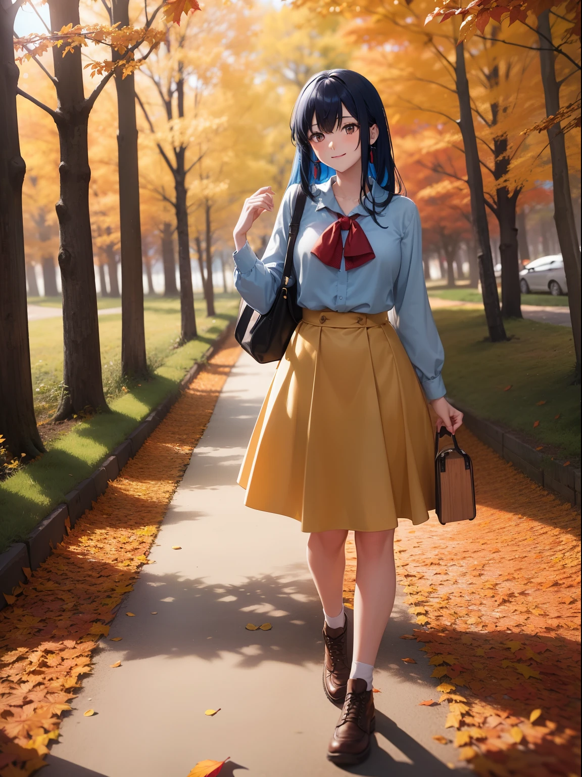 Red autumn leaves Path in the woods Pretty girl A smile Black eyes Light blue hair Long Autumn sunny Yellow skirt flows White blouses Falling leaves flutter