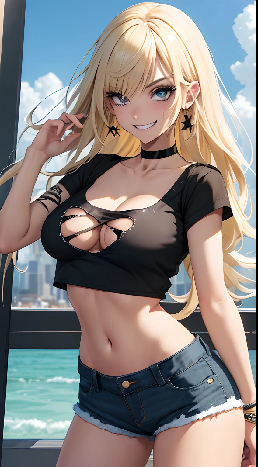 Punk rock style, ((Damaged Black Punk Rock T-Shirt)), ((Black Ripped Cropped Short Tops)), Black open clothes, Large chest, ((Cute round light brown eyes, jewelry eyes)), (Highly detailed light brown eyes), BREAK
((absurderes)), ((hight resolution)), ((masutepiece)), (Best Quality), (Illustration of a girl with complex beautiful hair), (ultra detailed beautiful face), 1womanl, Solo, Human, gals, ((Slender face):1.4), (cowboy shot), birdseye view, Cinematic lighting,
Perky Girl, ((grin:1.4)), ((Floating bright ivory white long straight hair)), Bright Ivory White French Blade Hair, long swaying bangs,
beautiful neck, ((Thin black choker)), ((Damaged Black Punk Rock T-Shirt)), ((Black Ripped Cropped Short Tops)), Black open ripped clothes, Huge breasts, BREAK
((long eyelashes)), (makeup), (ultra-detailed stars in eyes, ultra-intricate pupil in eyes), (((Eye Highlights:1.4))), Beautiful detailed glow, ((long eyelashes)), pale skin,
blue-sky、Seaside city