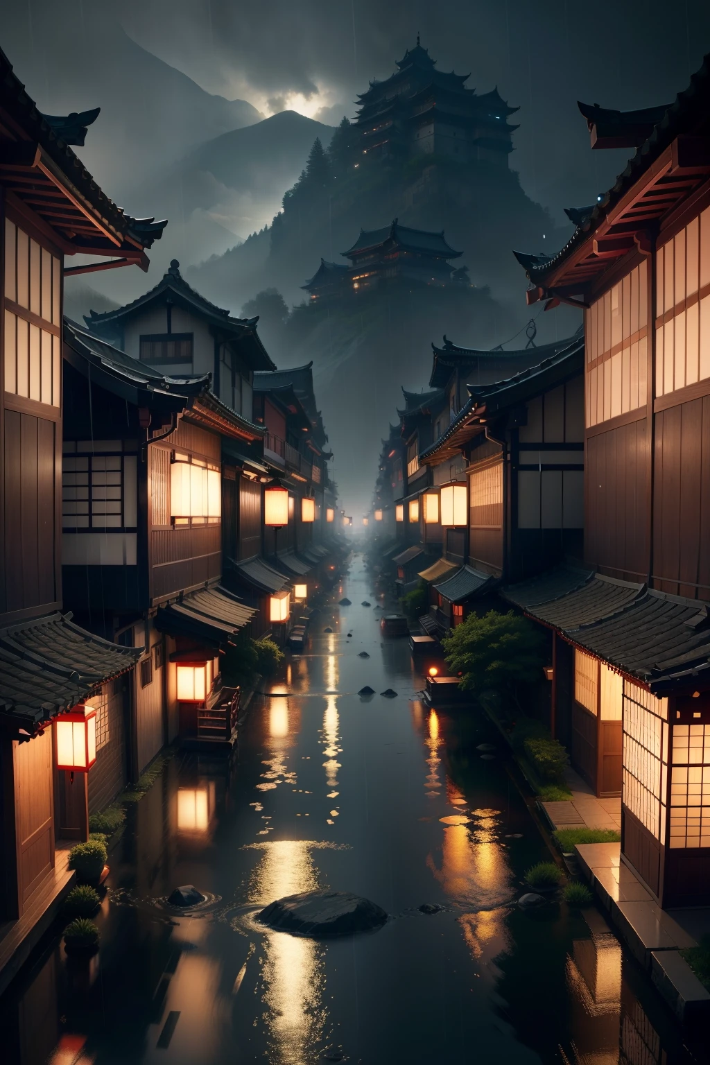 arafed view of a village with a lot of lights on the buildings, dreamy chinese town, chinese village, amazing wallpaper, japanese town, japanese village, hyper realistic photo of a town, old asian village, japanese city, by Raymond Han, rainy evening, cyberpunk chinese ancient castle, beautifully lit buildings, at evening during rain, beautiful and aesthetic, photography, cinematic, 8k, high detailed ((Heavy rain)))