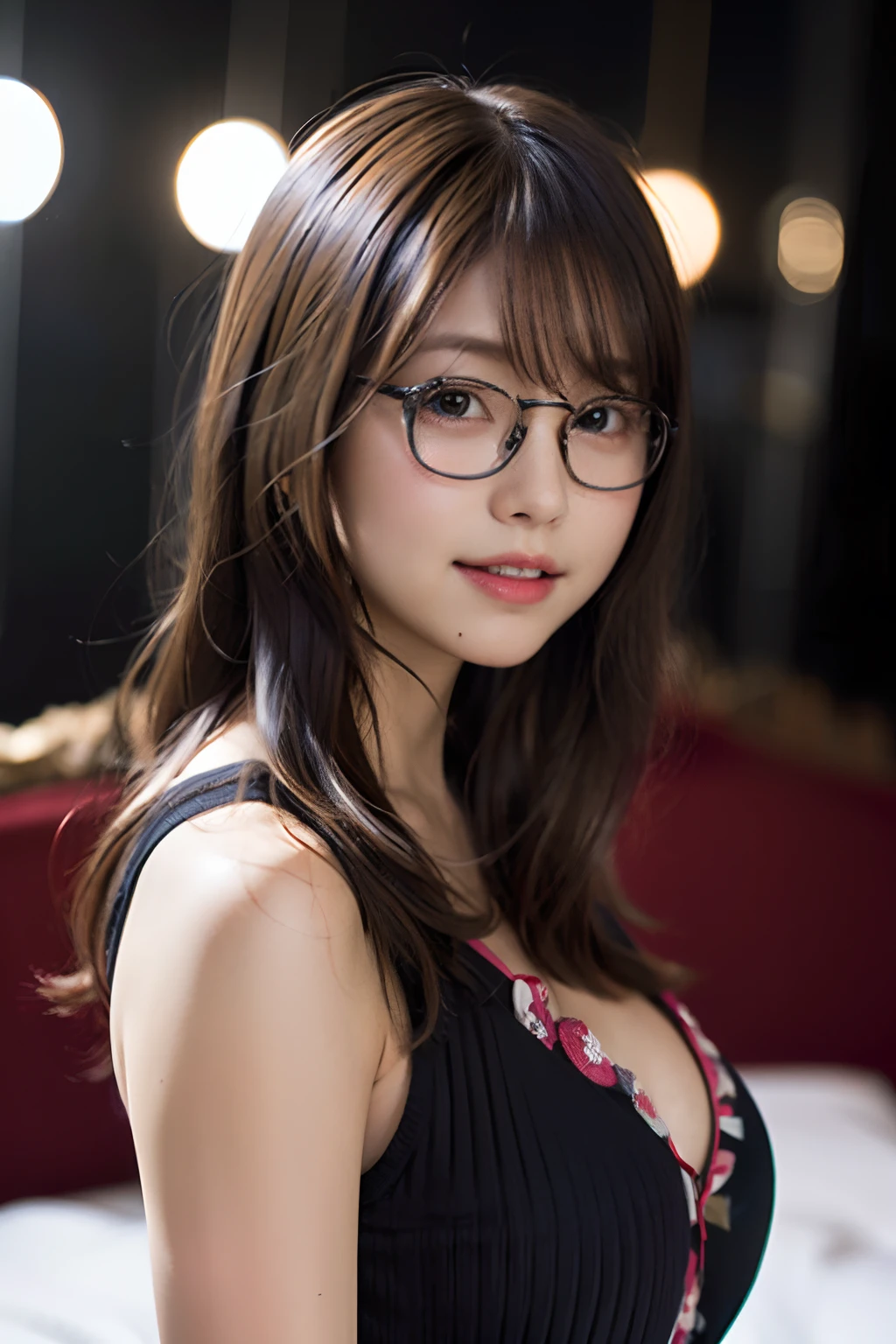 (8K、Raw photography、top-quality、​masterpiece:1.2)、(realisitic、Photorealsitic:1.37)、ultra-detailliert、超A high resolution、女の子1人、see the beholder、beautifull detailed face、A smile with a little visible teeth、Constriction、(Slim waist) :1.3)、((Cute pajamas))、pastel clothing、Beautiful detailed skin、Skin Texture、Floating hair、((fluffy hairstyle))、large breasts with good shape、Professional Lighting、Bedroom、((Black square glasses))、Whole human body、Black hair、((Shameful appearance))、Pay attention to your audience、