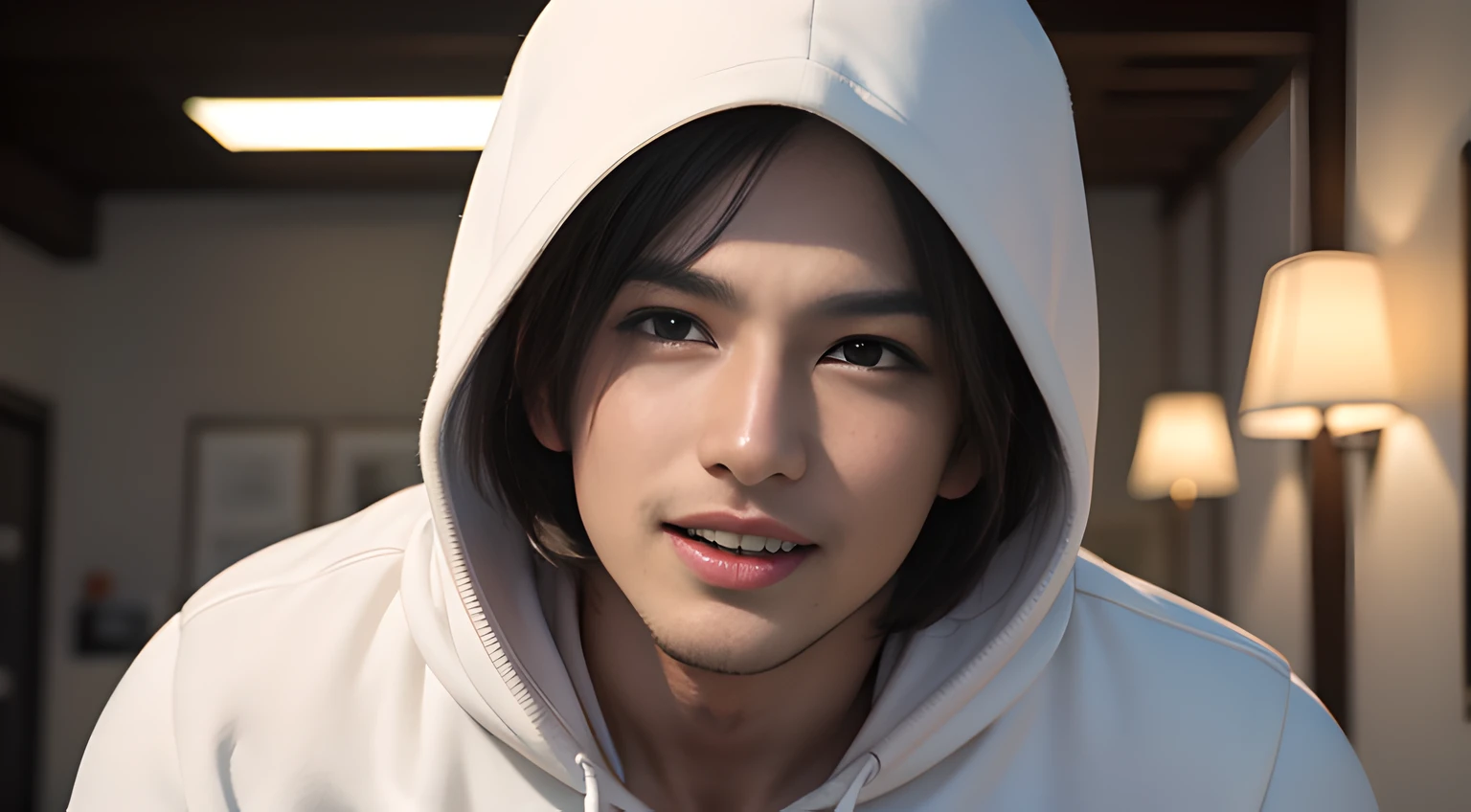 ((Men only)), (head shot), (face only), (wearing white hoodie), (wearing a hood on his head), ((Leon Kennedy)), (Handsome muscle man in his 10s), (big Smile), (open his mouth wide), (detaile: 1 in 1), Natural muscles, HIG quality, beautidful eyes, (Detailed face and eyes), (Face、: 1 / 2), Noise, Real Photographics、... ...................................................................................................................PSD, Sharp Focus, High resolution 8K, realisitic & Professional Photography, 8K UHD, Soft lighting, High quality, Film grain, FujifilmXT3