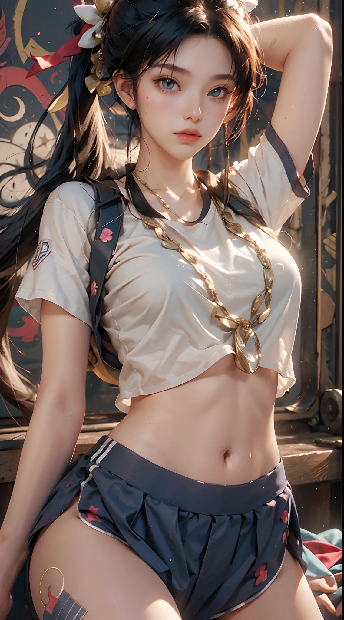 tmasterpiece,top Quority,(realisticlying,realisticlying:1.4),(RAW photos:1.2),Very delicate CG Unity 8K wallpaper,very delicate beautiful,Wonderful,Boxing pose,The attention to detail,offcial art,absurderes,Incredibly Ridiculous res,hugefilesize,Very fine,very refined,Beautiful eyes and face,Beautiful exquisite eyes,light in face,one-girl,pony tails,(pompons)nabel,A half body,PE uniform short sleeve crop top T-shirt, Bare arms, By bangs,