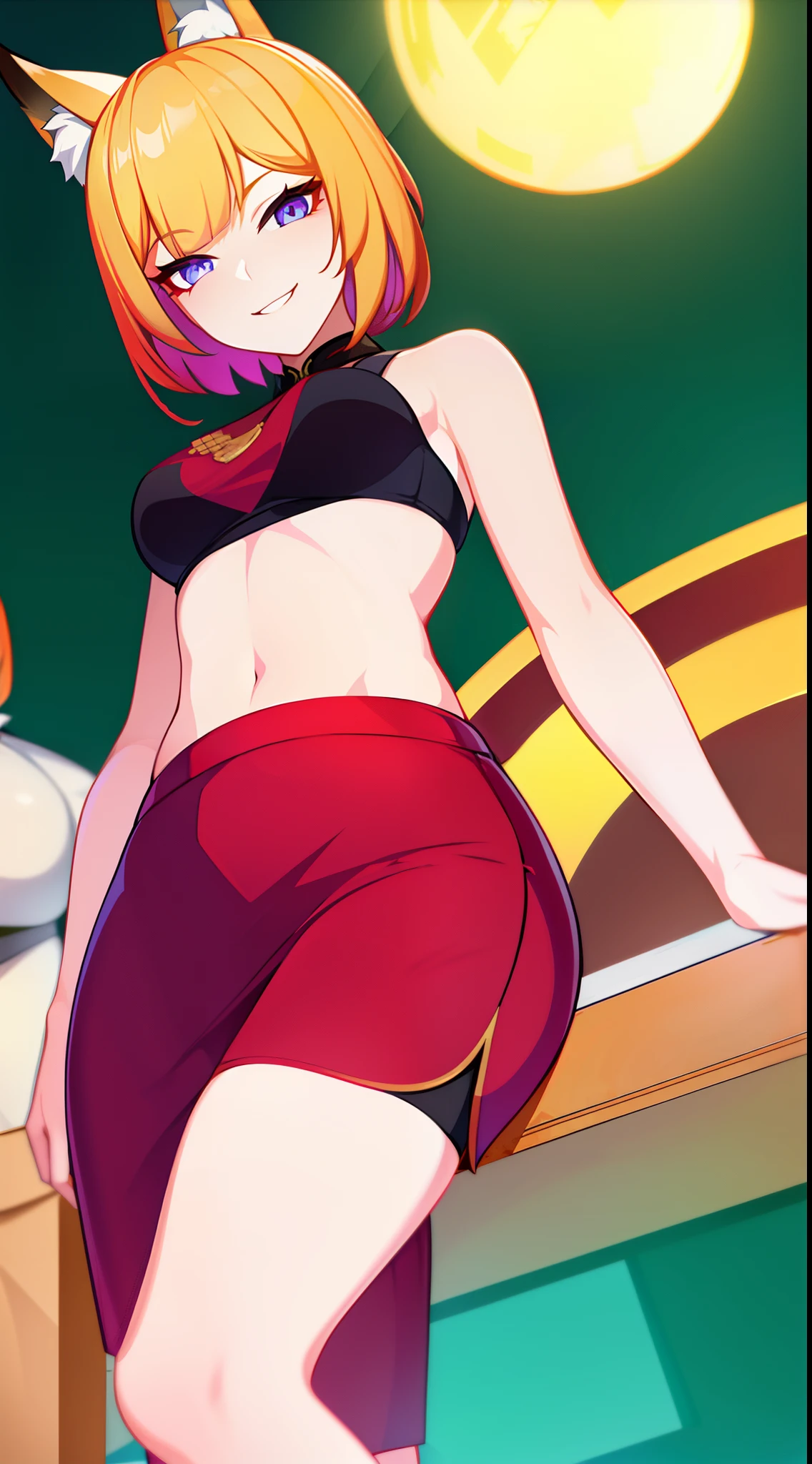 young girl, short blonde hair, Fox ears, violet eyes, long chinese skirt, Green Chinese tight top, open belly, smirk, Masterpiece, hiquality