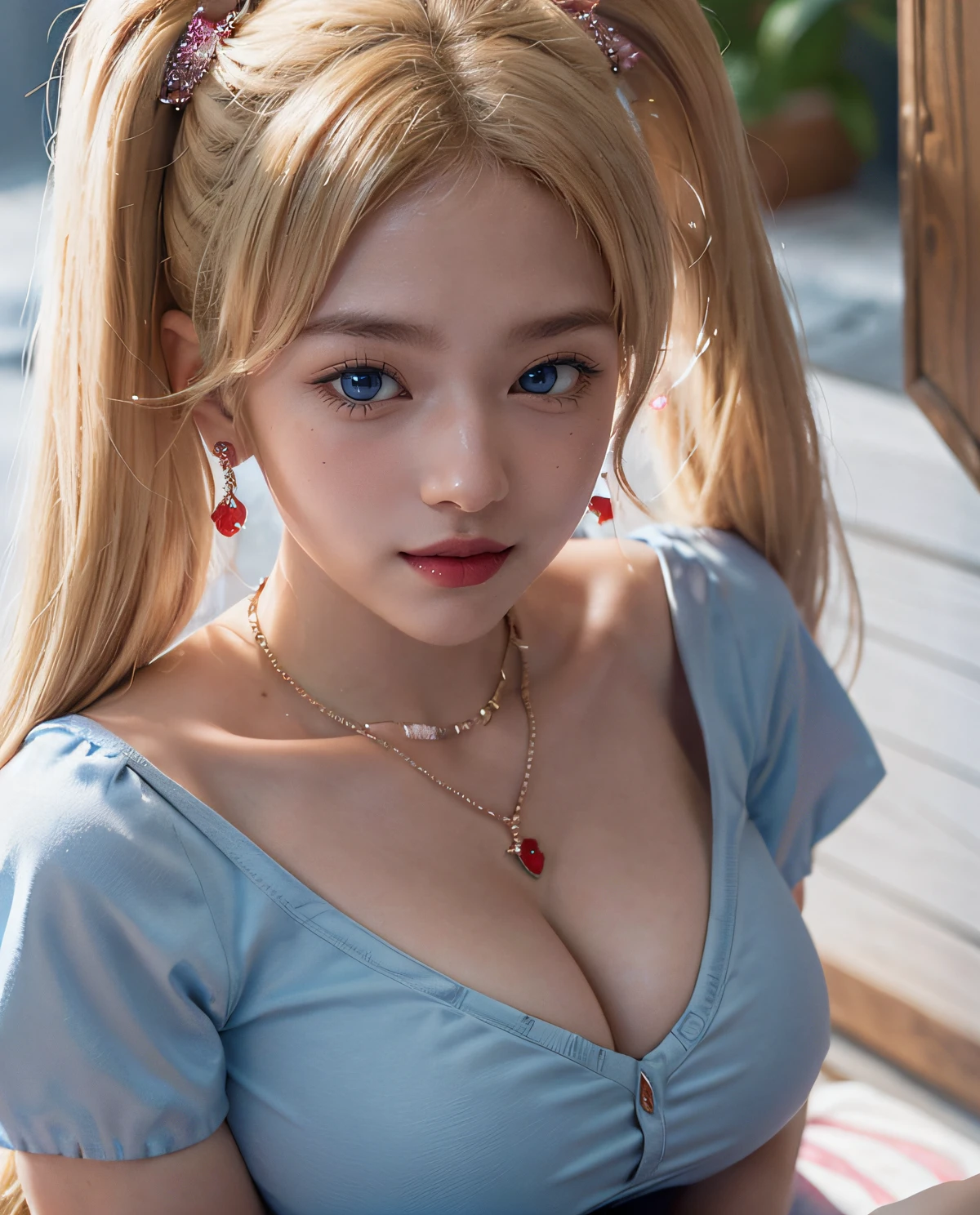 1girl, (Blue Eyes), smiling, (Sana Minatozaki), wide hips, Big Boobs, big ass, (Best Quality, 8k, Masterpiece: 1.3), Clear Focus: 1.2, Perfect Body Beauty: 1.4 , Slender Abs: 1.2, Highly detailed face and skin texture, detailed eyes, double eyelids, (extreme close-up at chest:1.4), showing the tits, (red lips), (blonde twintails hair), (diamond necklace), (sparkly earrings), (red embroidered t-shirt with sparkles)