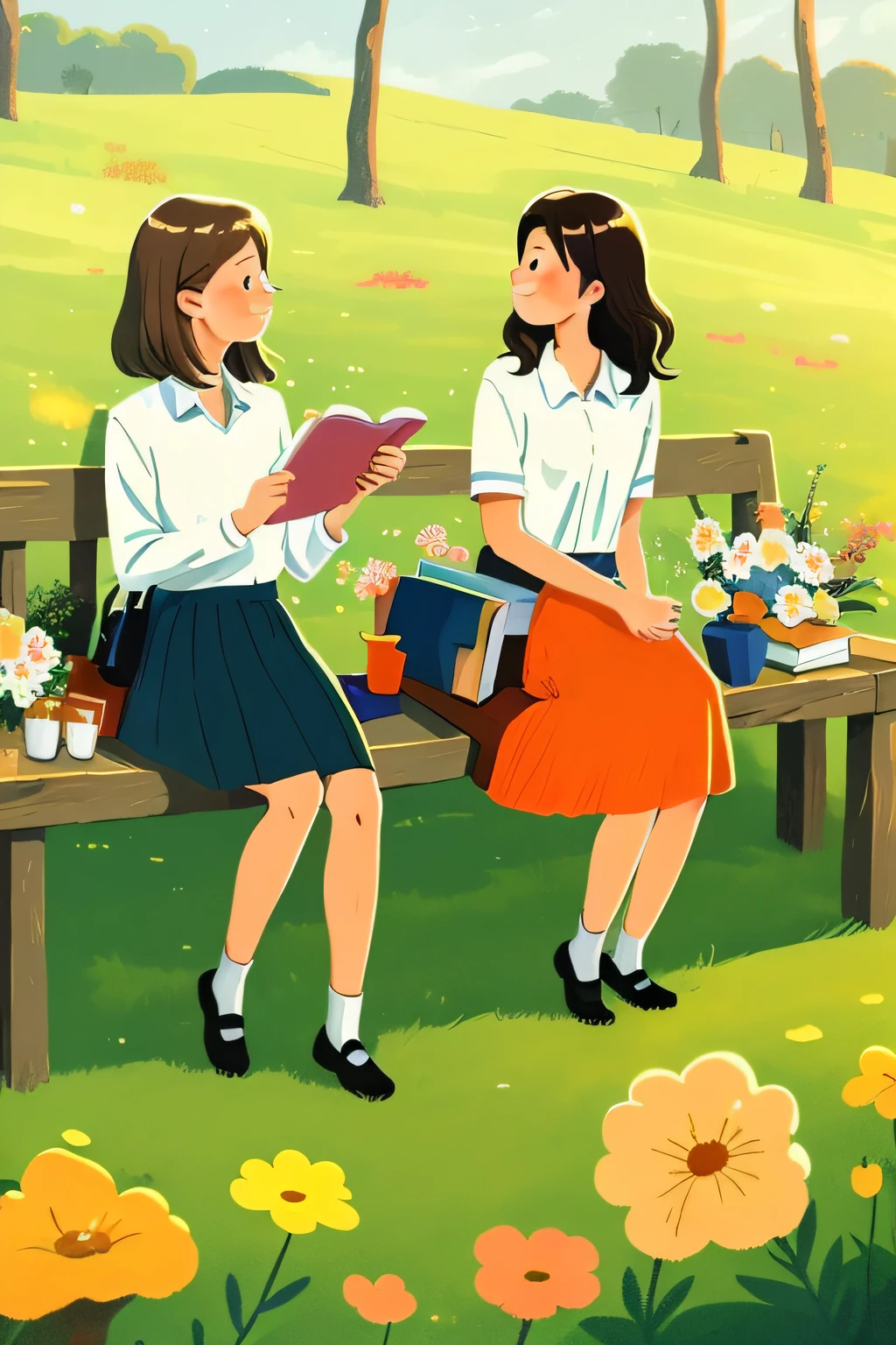 (Masterpiece, Best quality:1.3), Two girls who are reading, Orange skirt, ,Close-up, facingviewer,, schools, Summer, Many flowers, Soft light,