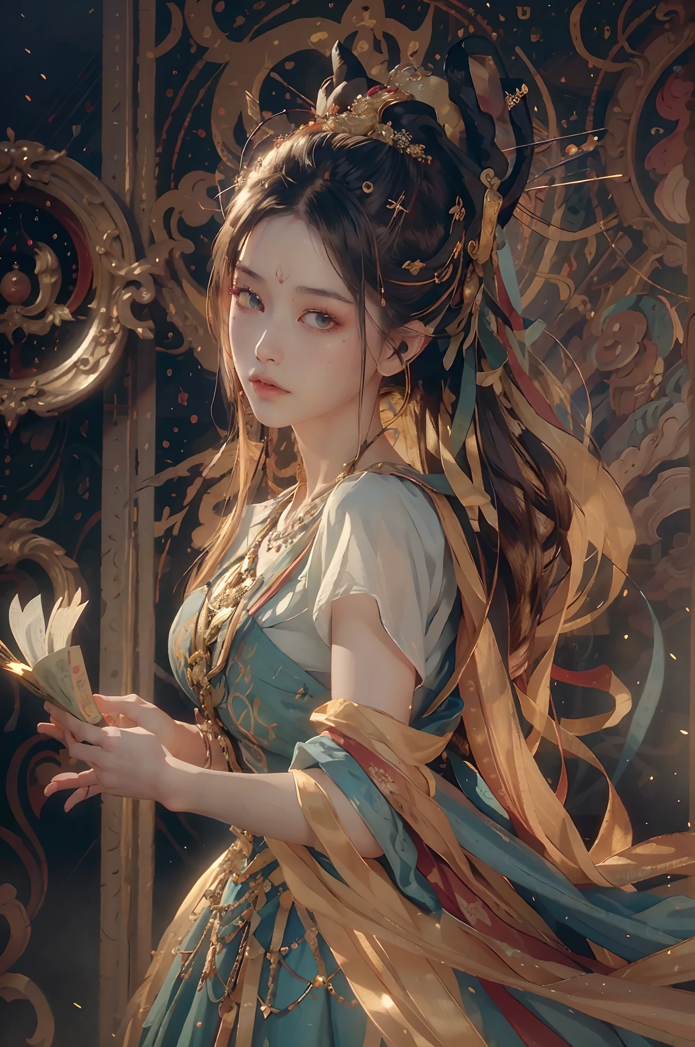 (RAW photo, best quality), (realistic, photo-realistic:1.3),best quality,highly detailed,masterpiece,ultra-detailed,illustration,1girl,upper_body,dynamic angle,world masterpiece theater,messy_long_hair,best quality,extremely detailed CG unity 8k wallpaper,ink,Amazing,cinematic lighting,lens_flare,,dunhuang_style