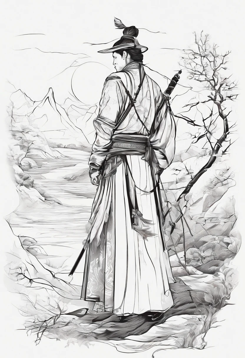 The pursuit of blood is a long way， The dream is still unfulfilled。 Determined to move forward, the heart is eternal， Faith burns poetry。Chinese costumed swordsman，male people，Back Shadow，4K，water ink，Autumn breeze in the background、No more than 4 colors，Tyndall rays，Cold，