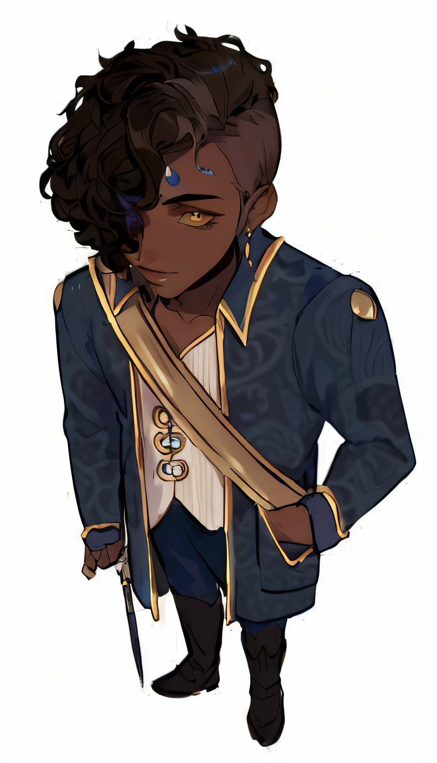 um desenho animado de um homem em um terno azul com uma espada, caleb from critical role, Beautiful androgynous prince, como um caractere dnd, brown skin man egyptian prince, olhos cor ambar, inspirado em Prince , ( ( pele escura ) ), inspirado em Fernand Toussaint, Inspirado em Kris de Deltarrune, Directed by: Caroline Carruagem-Dayez