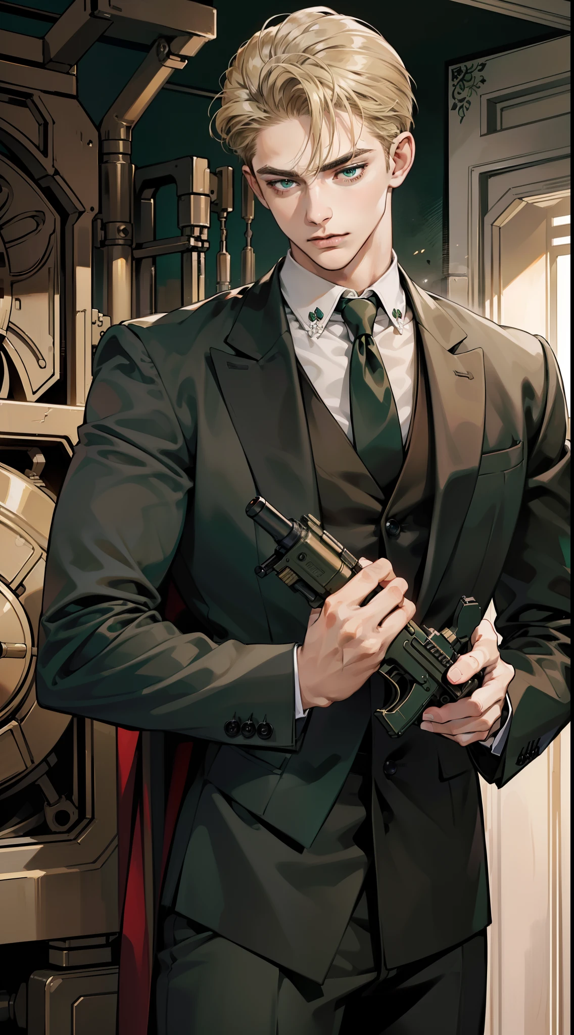 masterpiece, best quality, realistic, 1man, mature male, quiet and charming young man, 18 years old, close his eyes, serious, closed mouth, extremely detailed face, a little distant, ((dark green eyes)), ((short-side-swept sandy blonde hair)), [thick eyebrows], mafia, (in black suit), ((holding a machine gun)), accurate, detailed
