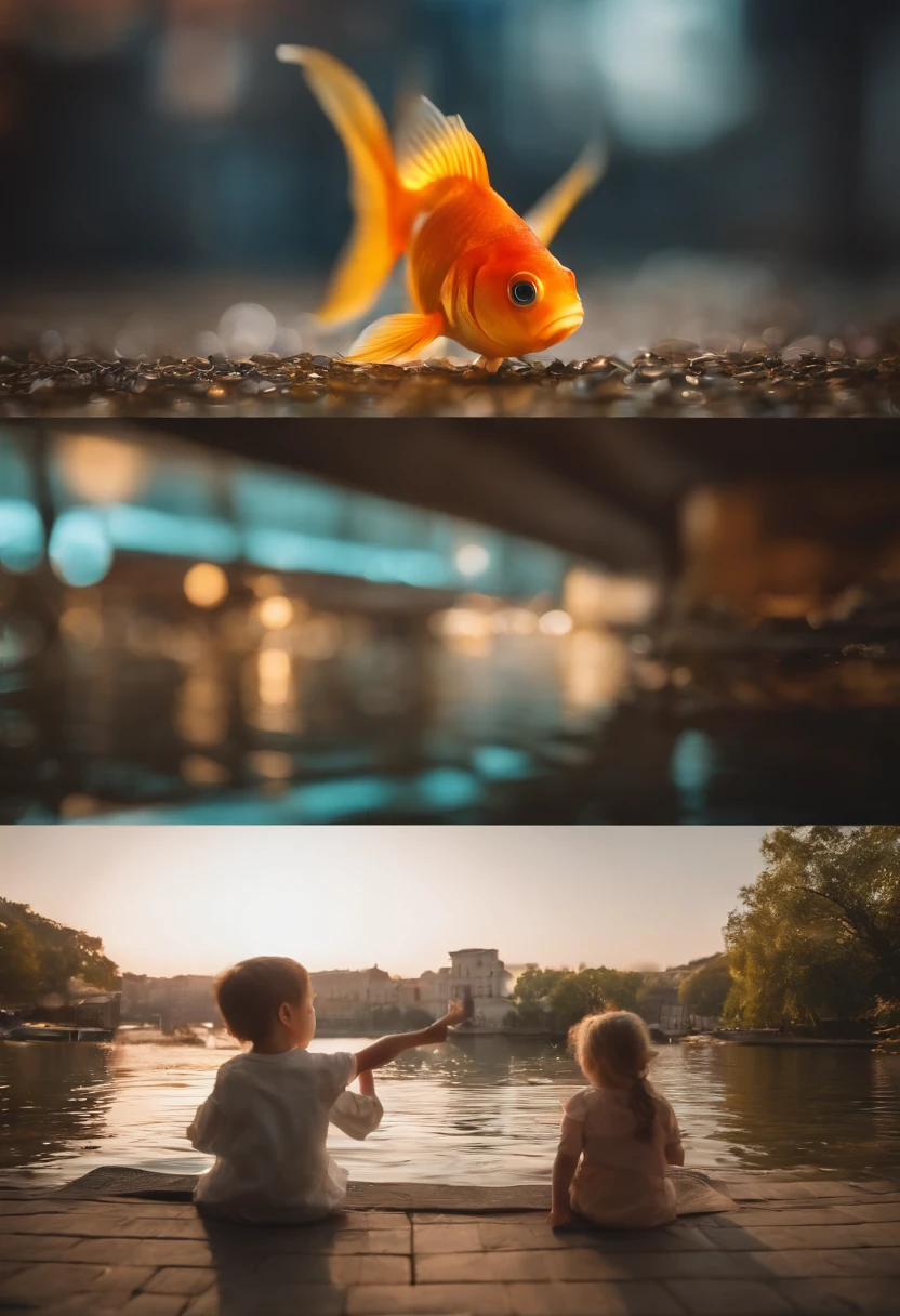 Stars shine,Colorful,Huge goldfish float over the city,Cute and cute,KIDS ILLUSTRATION,Glow effects,Dingdall effect,depth of fields,high light,Real light,Ray traching,oc rendered,Hyper-realistic,best qualtiy,8K,Works of masters,super-fine,Detailed pubic hair,Correct anatomy,sharp focus on eyes,Bokeh,Facial features are carefully depicted