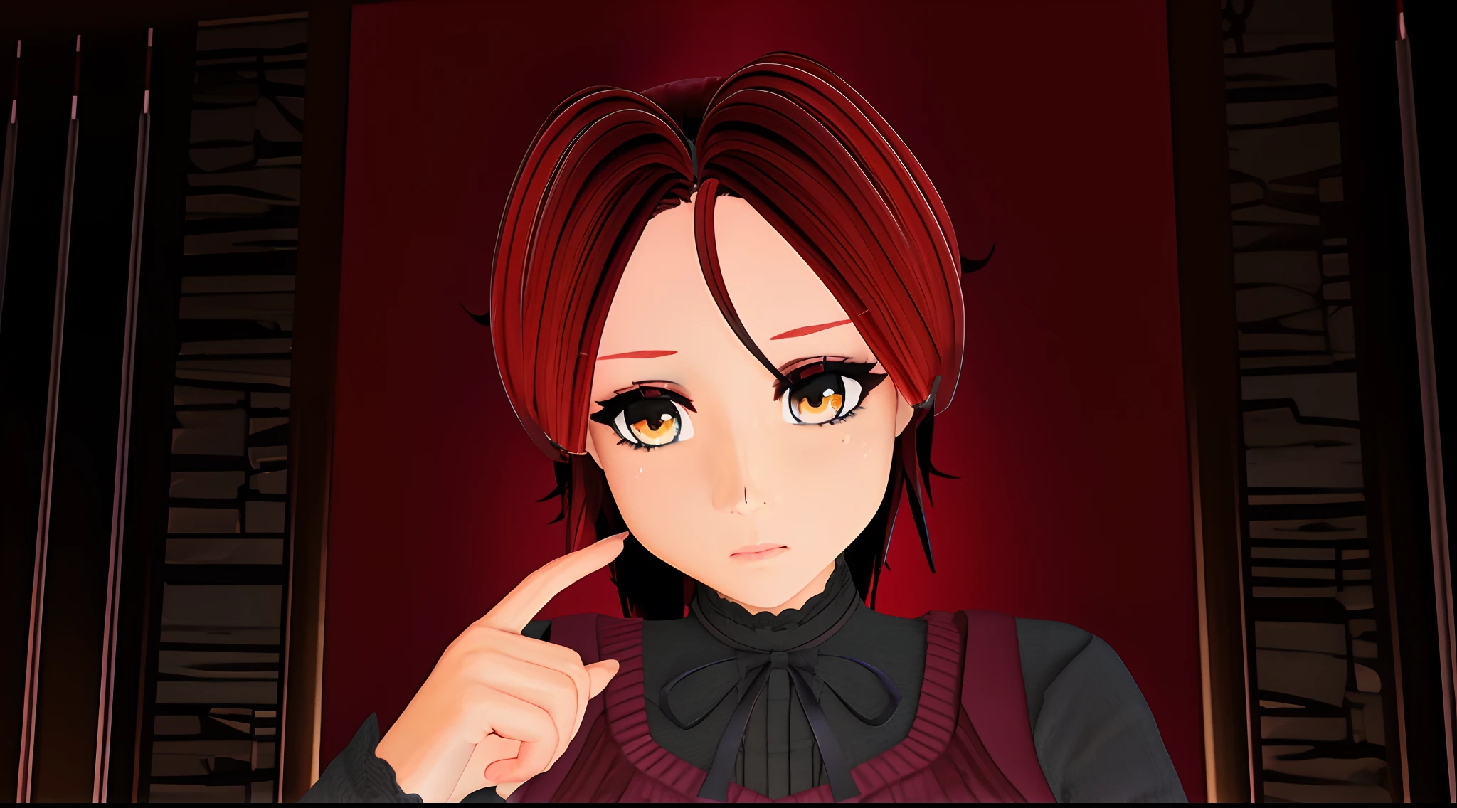 Chica de anime con el pelo rojo apuntando a algo frente a ella, [ Arte digital ]!!, protagonista femenina 👀 :8, en un estilo anime, Personaje de estilo anime, Hecho con Anime Painter Studio, Anime estilo 3D, 1 7 - year - old anime goth girl, Retrato estilo anime, Render de una linda chica de anime 3D, with index finger