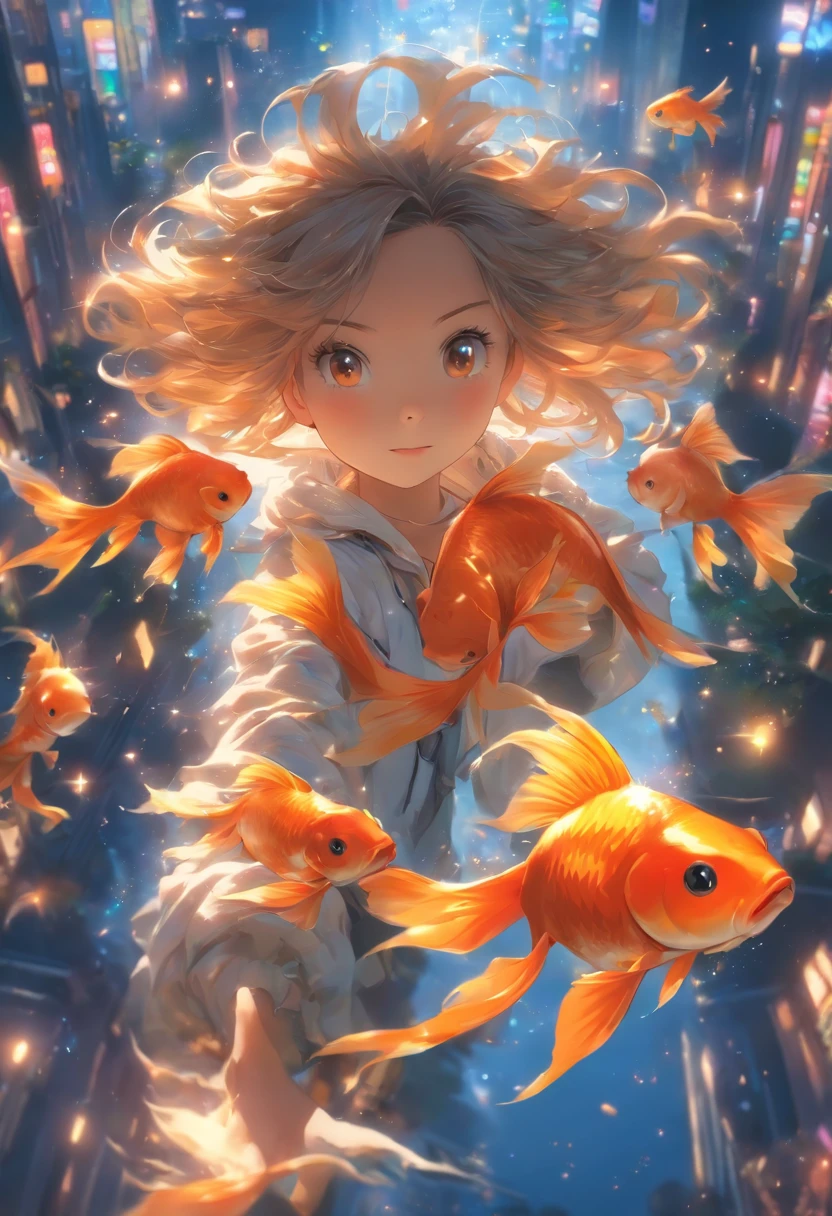 Stars shine，Colorful，Huge goldfish float over the city，Cute and cute，KIDS ILLUSTRATION，Glow effects，Dingdall effect，depth of fields，high light，Real light，Ray traching，oc rendered，Hyper-realistic，best qualtiy，8K，Works of masters，super-fine，Detailed pubic hair，Correct anatomy，sharp focus on eyes，Bokeh，Facial features are carefully depicted
