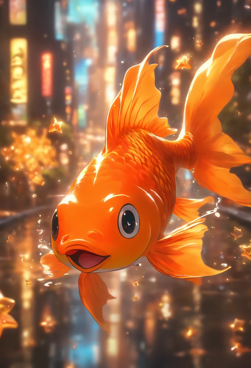 Stars shine,Colorful,Huge goldfish float over the city,Cute and cute,KIDS ILLUSTRATION,Glow effects,Dingdall effect,depth of fields,high light,Real light,Ray traching,oc rendered,Hyper-realistic,best qualtiy,8K,Works of masters,super-fine,Detailed pubic hair,Correct anatomy,sharp focus on eyes,Bokeh,Facial features are carefully depicted
