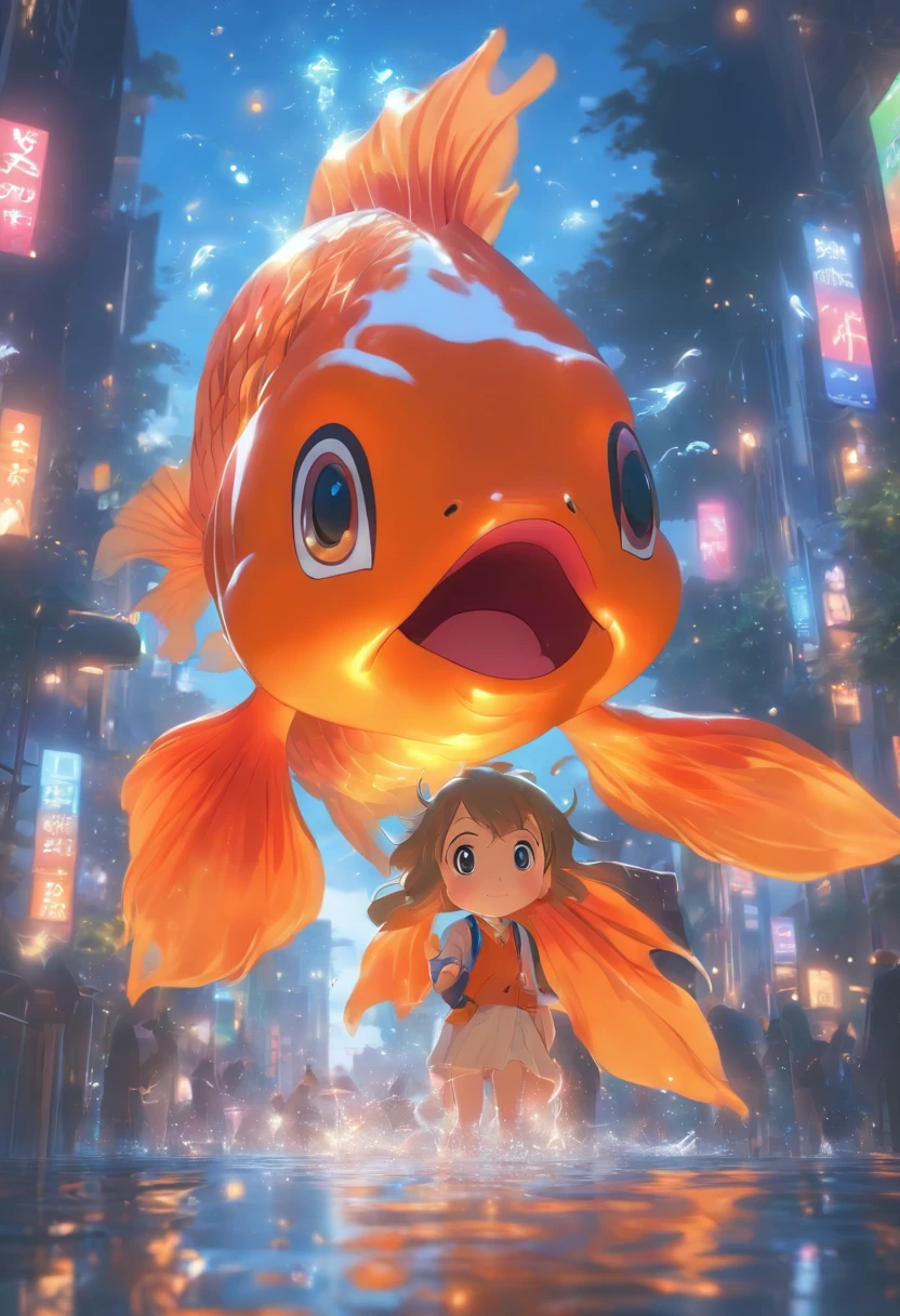 Stars shine,Colorful,Huge goldfish float over the city,Cute and cute,KIDS ILLUSTRATION,Glow effects,Dingdall effect,depth of fields,high light,Real light,Ray traching,oc rendered,Hyper-realistic,best qualtiy,8K,Works of masters,super-fine,Detailed pubic hair,Correct anatomy,sharp focus on eyes,Bokeh,Facial features are carefully depicted