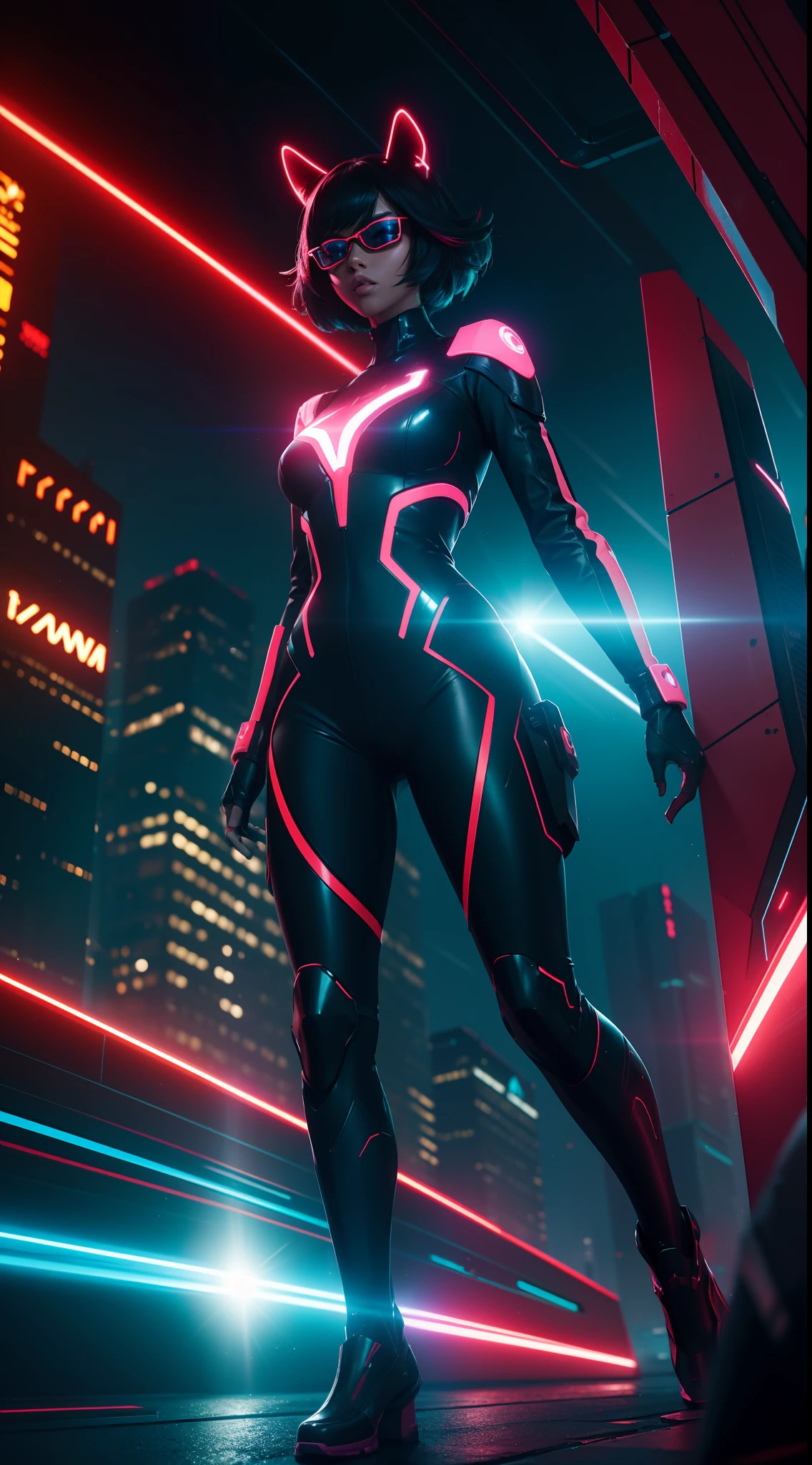 "A futuristic scene with fashionable animals wearing coded dresses, full body with dynamic poses, immersed in a neon cityscape. Enhance the atmosphere with red and blue lens flare effects. Utilize the stunning visual effects of Unreal Engine 5 for an ultra-detailed experience."