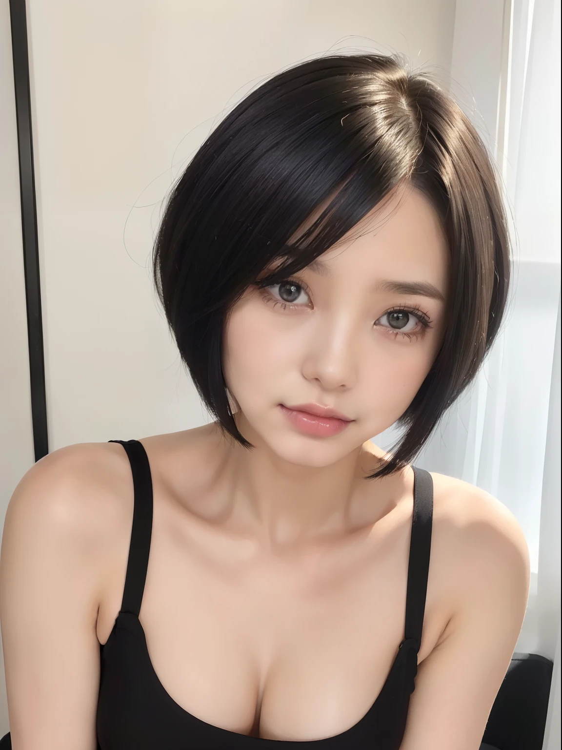 ((Best Quality, 8K, masuter piece :1.3)), 1girl in, Slim woman with a little flesh :1.3, (hair style(black hair short cut), Plain milk :1.2), Black camisole:1.2, hyperdetailed face, Detailed eyes, 二重まぶた