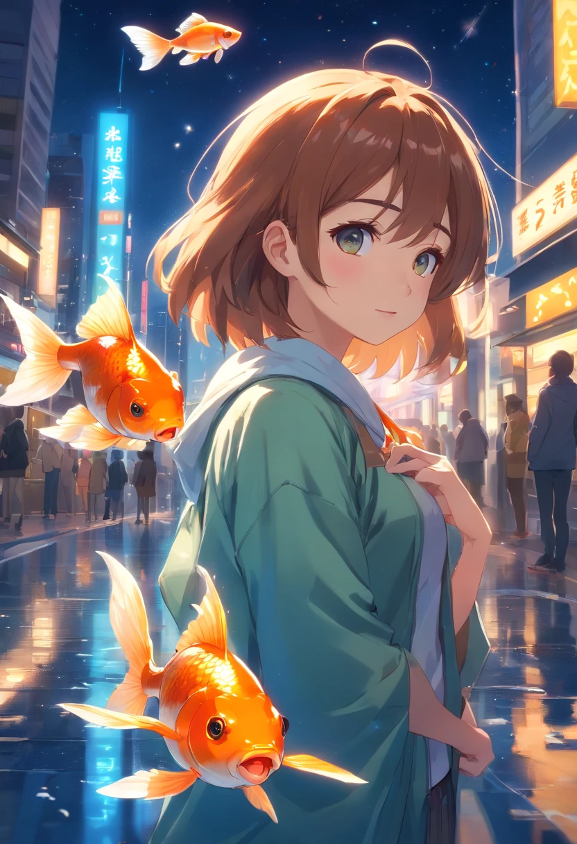 Stars shine，Colorful，Huge goldfish float over the city，Cute and cute，KIDS ILLUSTRATION，Glow effects，Dingdall effect，depth of fields，high light，Real light，Ray traching，oc rendered，Hyper-realistic，best qualtiy，8K，Works of masters，super-fine，Detailed pubic hair，Correct anatomy，sharp focus on eyes，Bokeh，Facial features are carefully depicted