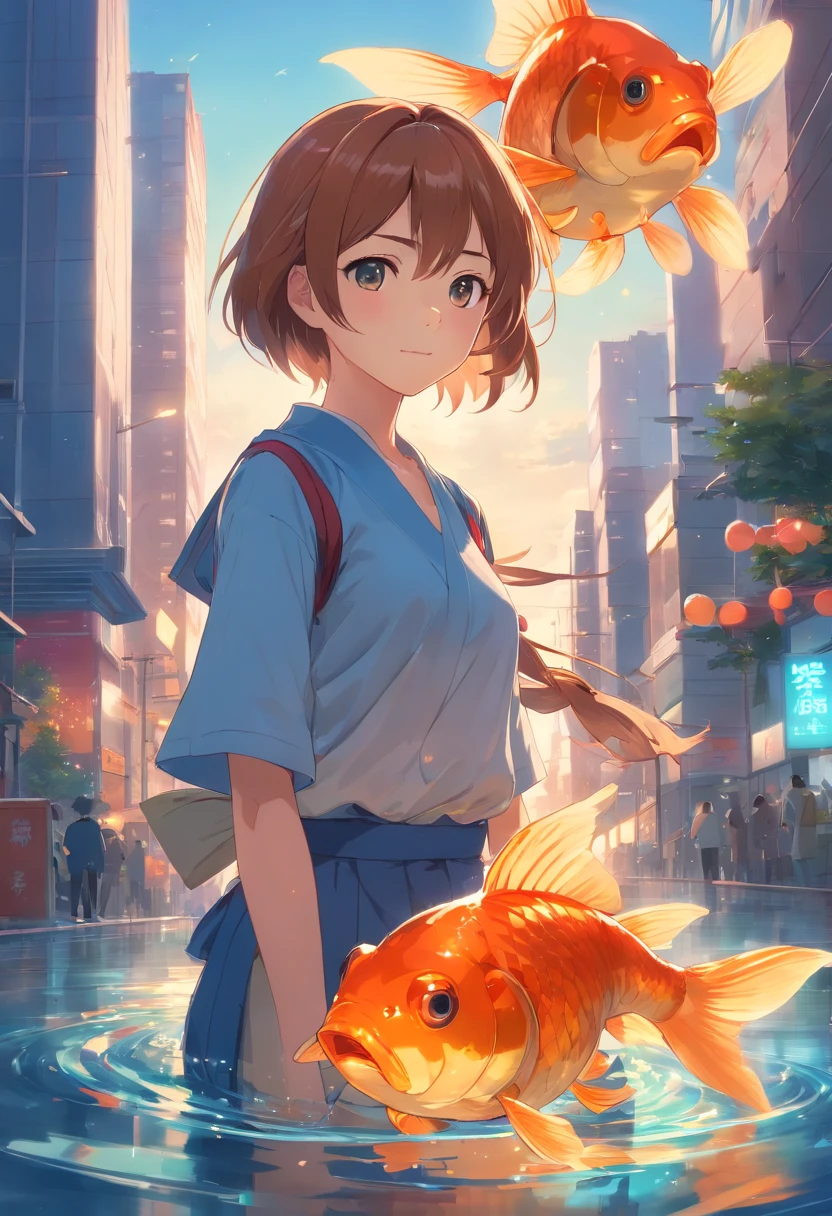 Stars shine,Colorful,Huge goldfish float over the city,Cute and cute,KIDS ILLUSTRATION,Glow effects,Dingdall effect,depth of fields,high light,Real light,Ray traching,oc rendered,Hyper-realistic,best qualtiy,8K,Works of masters,super-fine,Detailed pubic hair,Correct anatomy,sharp focus on eyes,Bokeh,Facial features are carefully depicted