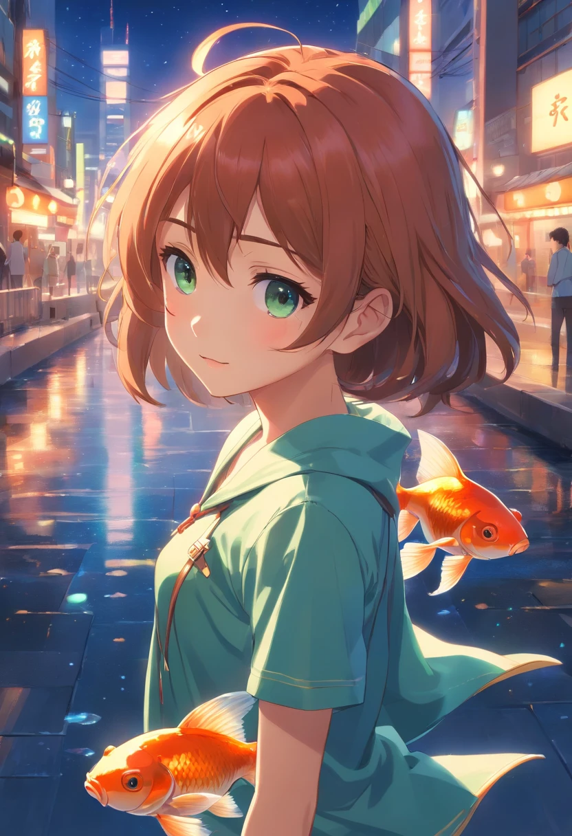 Stars shine,Colorful,Huge goldfish float over the city,Cute and cute,KIDS ILLUSTRATION,Glow effects,Dingdall effect,depth of fields,high light,Real light,Ray traching,oc rendered,Hyper-realistic,best qualtiy,8K,Works of masters,super-fine,Detailed pubic hair,Correct ???????,sharp focus on eyes,Bokeh,Facial features are carefully depicted
