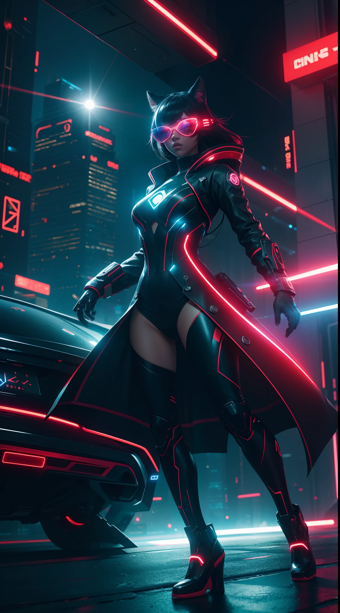 "A futuristic scene with fashionable animals wearing coded dresses, full body with dynamic poses, immersed in a neon cityscape. Enhance the atmosphere with red and blue lens flare effects. Utilize the stunning visual effects of Unreal Engine 5 for an ultra-detailed experience."