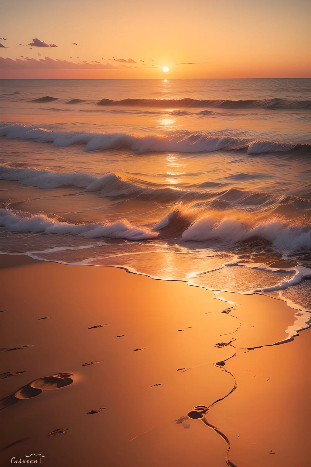 An oil painting of a solitary figure walking away, leaving footprints in the sand, just as the sun sets, casting warm hues across the beach. Inspired by Claude Monet's "Impression, Sunrise," this piece beautifully captures the moment when they left before the color faded