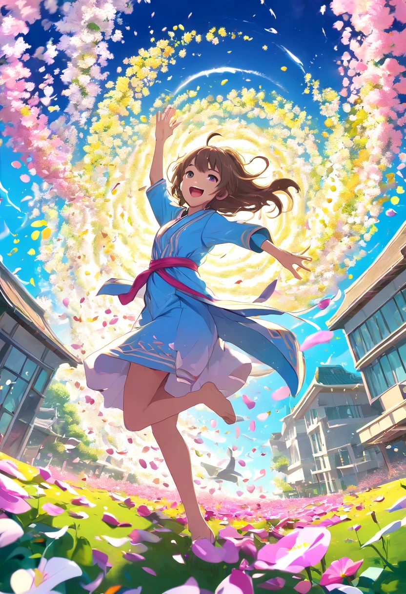 ((The flower garden is strewn with a large number of petals:1.5))，(A whirlpool of wind fills the surroundings of a girl with one hand held to the heavens:1.63)，Magic beyond imagination，innocent smiles，Girl of the Wind，(A tornado of huge petals around the girl:1.61)，Seven colors,(1girl in)，(Cute smile)，(The clothes are intricate magic robes with a white base:1.4)，(Lots of light particles spin around the girl) ，(Best Impact:1.5)， (maximalism:1.7),，Vivid contrast， (Realistic),，hyperrealistic illustrations,，hight resolution,，ultra-detailliert,，absurderes，(Fractal Art:1.3)，Braided hairstyle，Gradient long hair，FULL BODYSHOT，Photograph the sky from your feet，Precise focus，randome pose，cinema4d