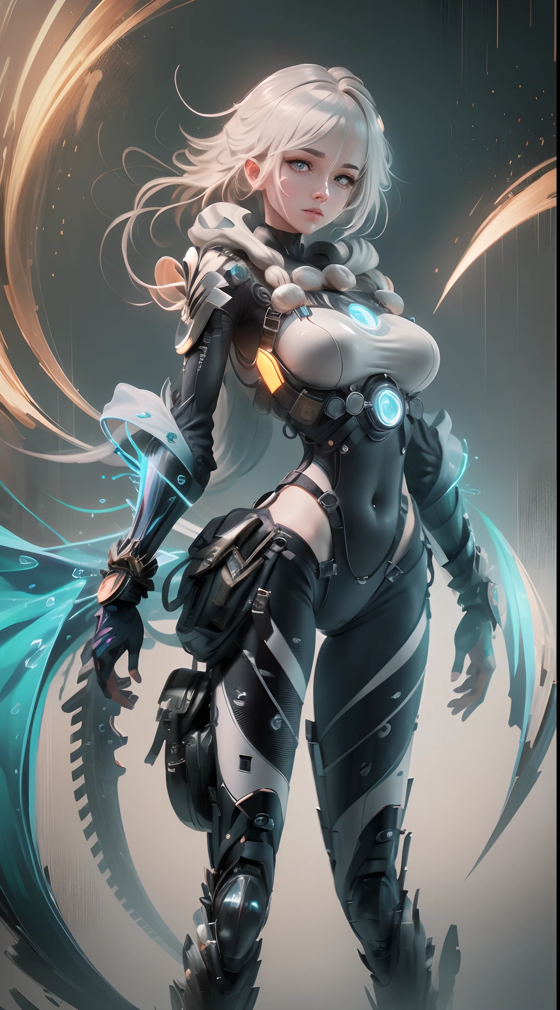 Best quality, Masterpiece,White hair, Big blue eyes, Upper body,1girll, Flowing hair,Depth of field effect,rendering by octane,The metal lines are perfect,light particules,neon-light-effect