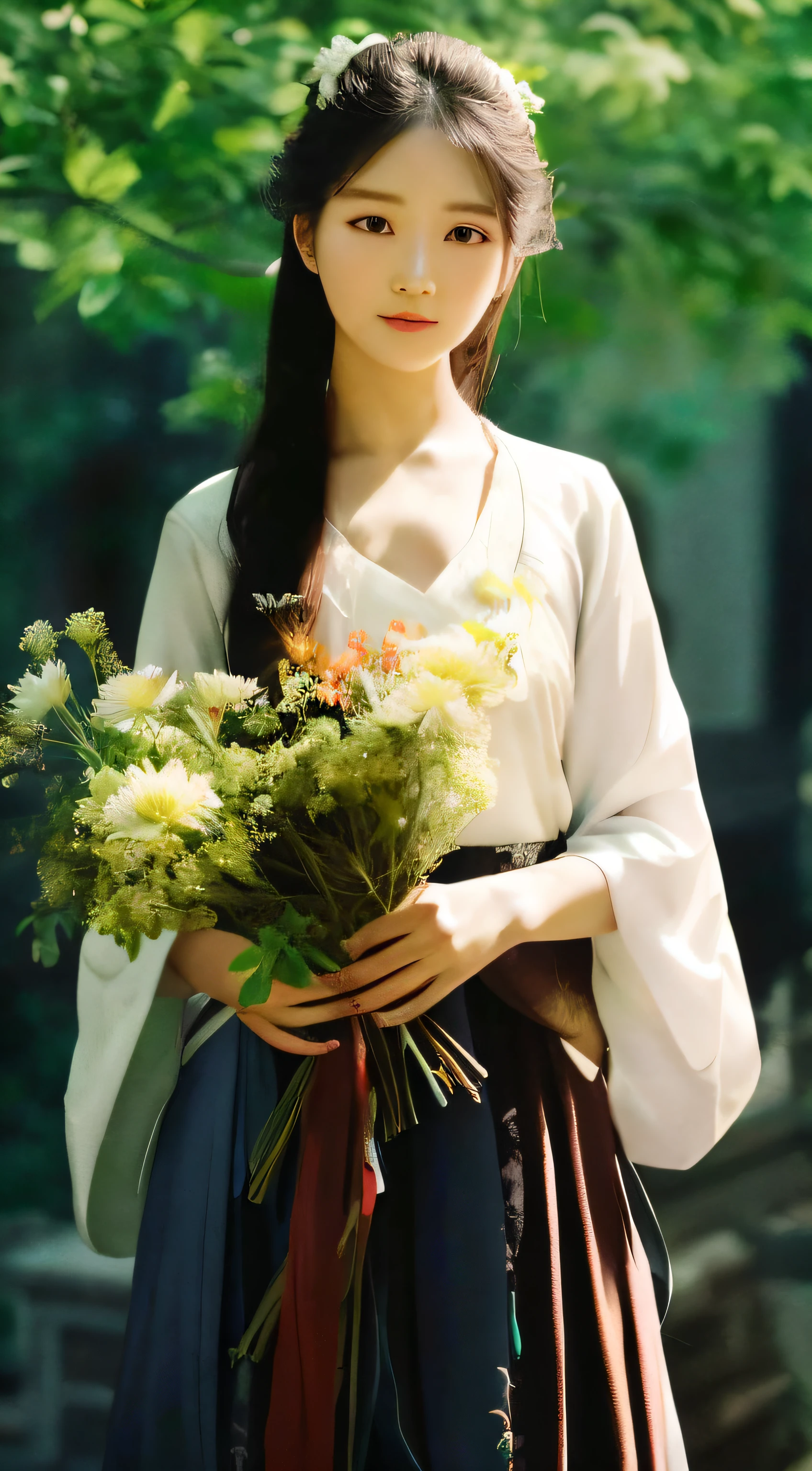 a close up of a woman holding a bunch of flowers, White Hanfu, Hanfu, Palace , A girl in Hanfu, Traditional Chinese clothing, dressed with long fluent clothes, Wearing ancient Chinese clothes, inspired by Gu An, with acient chinese clothes, author:Zhang Han, With flowers, inspired by Cui Bai, author:ZHANG Yan, Chinese girl