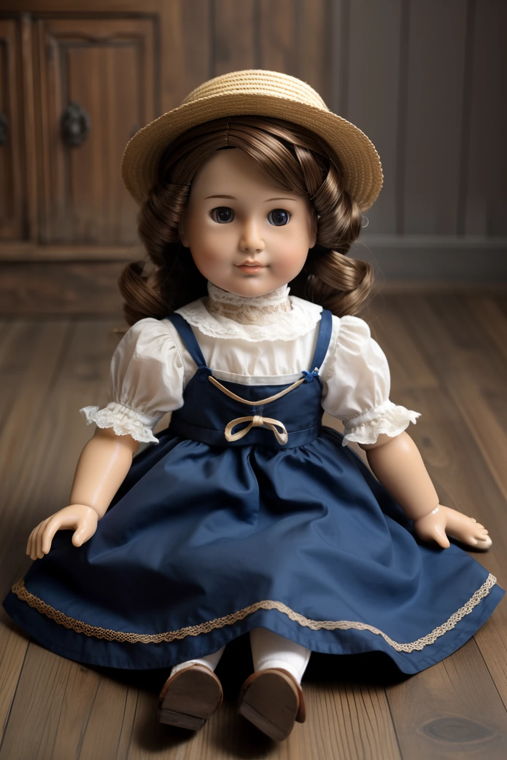 One French doll, one doll, antique, full body, lovely face, sitting, blue dress, brown curly hair, white background