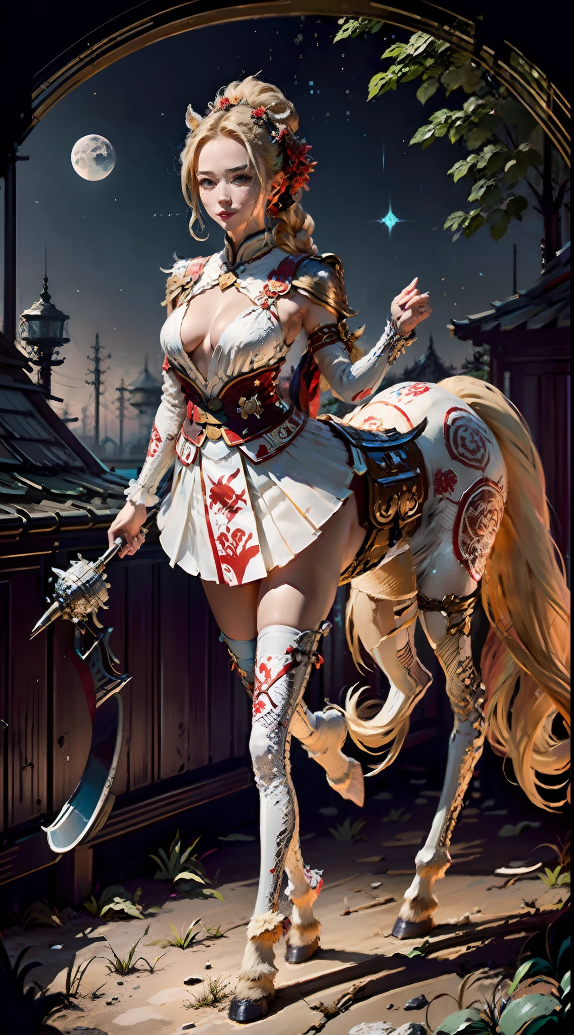 In a very grand scene，The extra-large wide-angle lens captures the appearance of a female centaur。She is tall，It has the ultimate curvy beauty，The muscles are slender and firm，Beautiful lines。Her facial features are tough and coquettish，（The top of the head grows huge white antlers9.9），Always with a sunny smile。She wears special equipment sponsored by Moutai Group，（It has the extra large Chinese character "Moutai" on it：9.9），Step on multifunctional off-road style heels。The detection equipment around you flashes various cue lights and neon-like information screens，All have Moutai's unique red and white design and Luckin's unique blue background white deer design，Let her exude a charming brilliance。Use Midjourney's premium brushes、Color Palette、Model package、Texture tools、Tools such as texture packs，（Costumes for female centaurs with the Chinese characters "Moutai" and the sponsorship logo unique to "Luckin" are designed：9.9），Highlight her unique physiological characteristics and appearance details，Add realism。And in her adventure scene，Spectacular views of nature，Such as the sky where storms and sunny days alternate、Brilliant rivers of stars and auroras、The snow-capped summit of Mount Everest、Fireworks in the mountain town, etc。ao mesmo tempo，Away from the hustle and bustle of Long Beach Pier is a neon-lit spaceship docked，Create a fantastic scene。Use Midjourney's advanced tools and multiple color palettes、Brush Strokes、Texture tools and model packages，It shows a sense of atmosphere where beauty and charm coexist。The charm of the female centaur is highlighted through color and lines，Enhance realism with detailing，Create a surreal dreamy feeling。Additionally，Use Midjourney's tools to add various drink utensils and to the female centaur（With "Moutai"、Cultural ornaments of the "luckin" logo：9.9），Create intricate hairstyles and outfits，Give her a sense of premium。She never flinches，Regardless of the terrain，can respond quickly，Even the extreme geography and dangerous ter