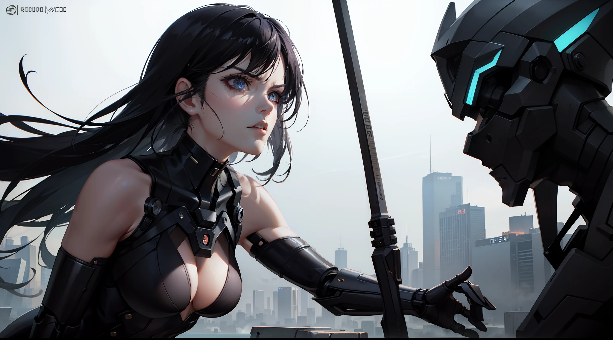 High quality，afofuturism，Mechanical elements，Mechanical details，Dynamic lighting, Realistic textures，A woman who is，Fierce gaze，angry look，Goddess of battle， for，Cyberpunk déjà vu