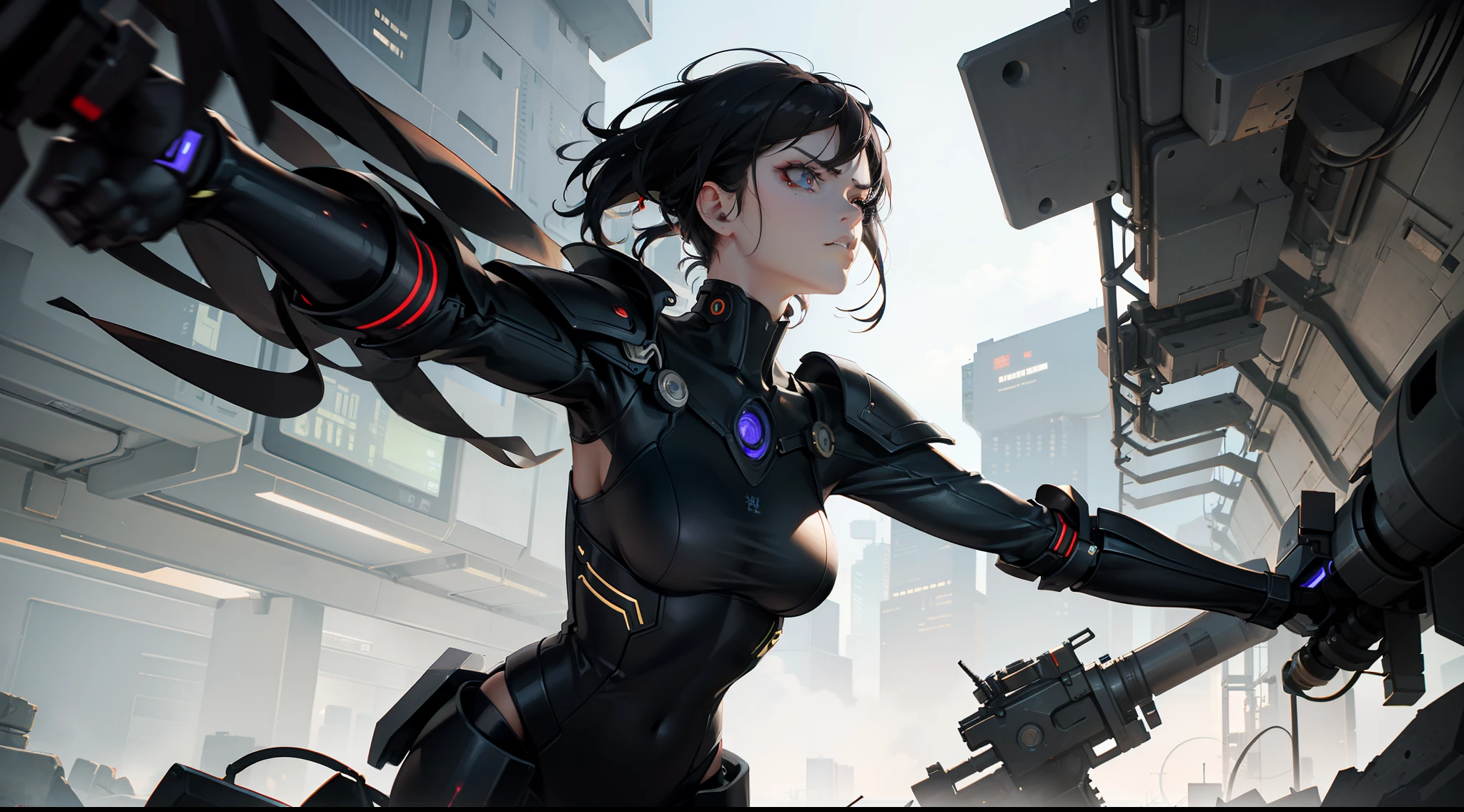 High quality，afofuturism，Mechanical elements，Mechanical details，Dynamic lighting, Realistic textures，A woman who is，Fierce gaze，angry look，Goddess of battle，sexy for，Cyberpunk déjà vu