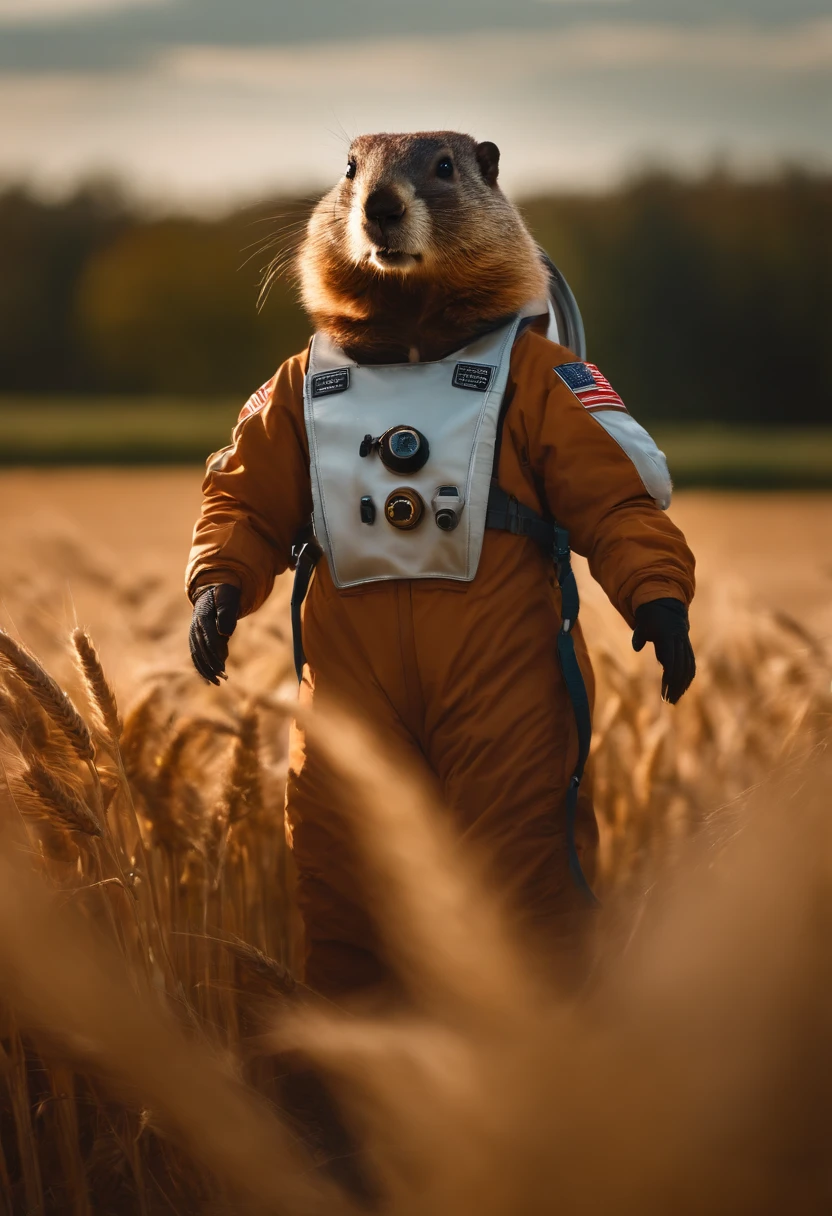 Groundhog astronaut standing in a wheat field,