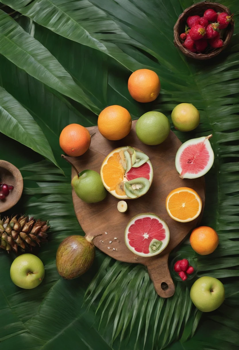 The scene is set in a lush tropical garden with a gentle breeze rustling the leaves of palm trees. The fruits are arranged on a handcrafted wooden table, creating a picturesque and inviting atmosphere.