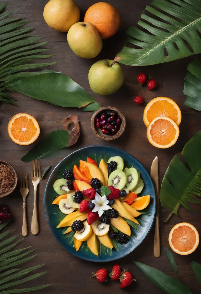 The scene is set in a lush tropical garden with a gentle breeze rustling the leaves of palm trees. The fruits are arranged on a handcrafted wooden table, creating a picturesque and inviting atmosphere.