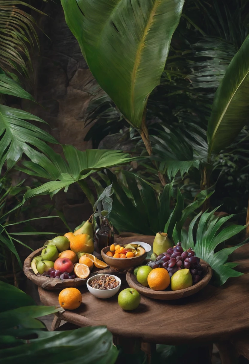 The scene is set in a lush tropical garden with a gentle breeze rustling the leaves of palm trees. The fruits are arranged on a handcrafted wooden table, creating a picturesque and inviting atmosphere.