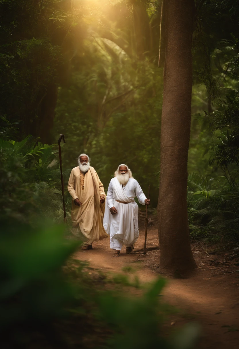 /imagine prompt: a HIMALAYAN GURU holding stick, followed by a indian disciple with spiritual face, both wearing only muslin cloth to cover groin. walking in jungle.::3 photorealistic::3 direct sunlight::3   --aspect 16:9 --version 5.2 --quality 1 --stylize 2 --weird 1 --no buildings and electricity