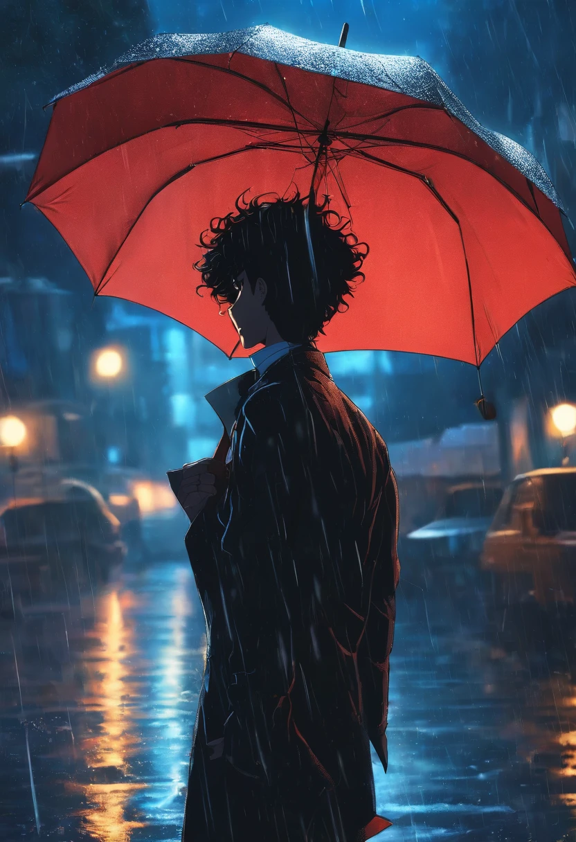 Anime male umbrella in rain on blue background, Anime art wallpaper 8k, anime art wallpaper 4k, anime art wallpaper 4k, Guviz, Sateen!, umbrellas, Spike Spiegel, under rain, best anime 4k konachan wallpaper