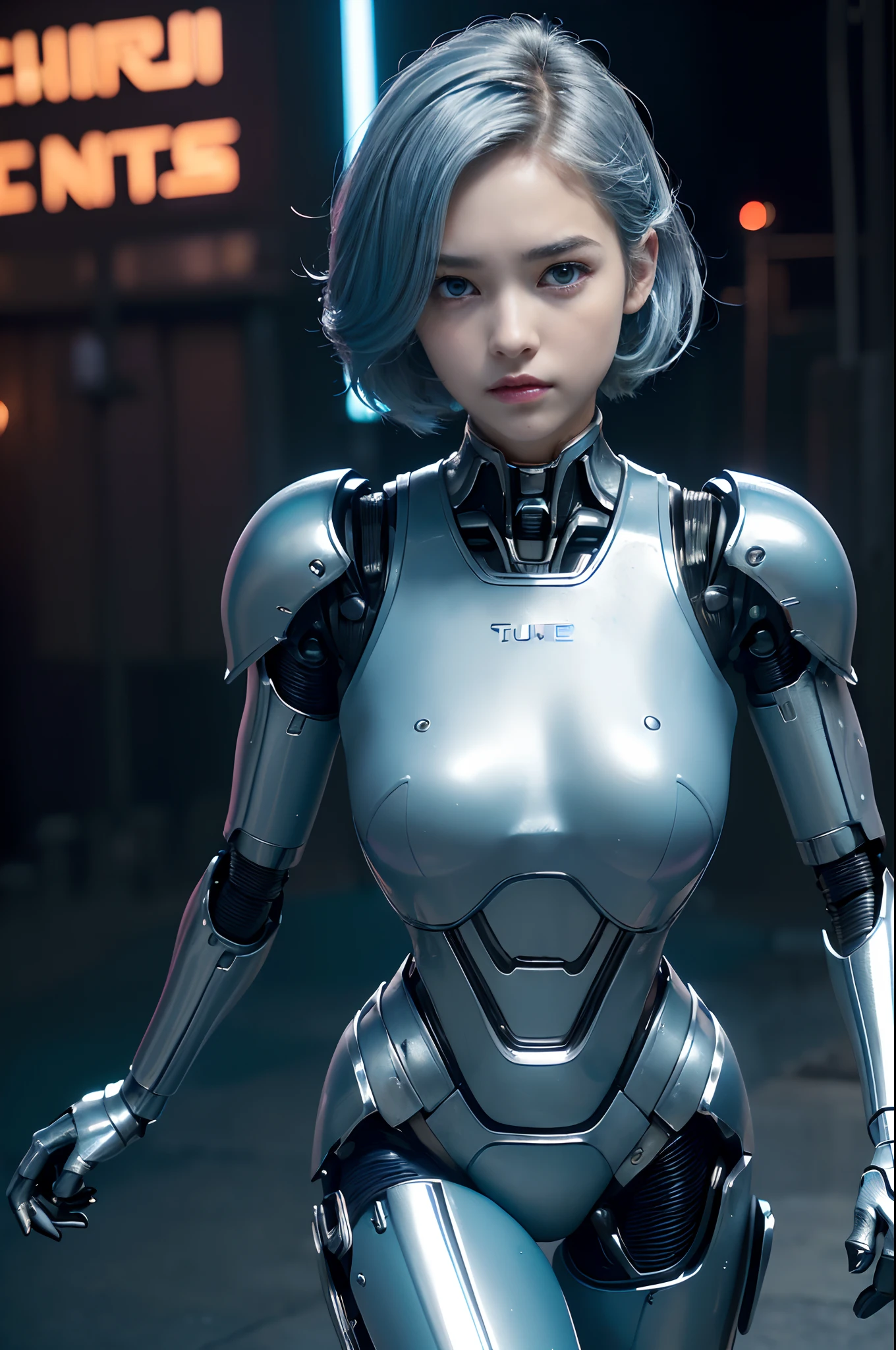 the best ever、8K,(((full body Esbian)))、(((The sheen)))、(((metalic)))、(((Very shiny、Full body armor without very hard iron logo)))、(((cyberpunked)))、The cute beauty of the mecha(Best Quality, Detailed details, masutepiece, , Chiaroscuro,(((Very well-shaped medium milk)))、(((Highly detailed Hasselblad photos )))、(((Beautiful and shining natural eyes)))、(((Highly photorealistic human beings)))、(Perfectly round pupils)、(((The details of the iris of the pupil are very amazing)))、(((Shining eyes)))、(((accurate fingers)))、(((Limbs without breakdowns)))、(((The face of a Caucasian 12-year-old girl in Russia)))、(((Details of the very white skin of one Caucasian girl)))、Naturally closed mouth 、Staring eyes、(((eyesight)))、(((a baby face)))、The feminine face is very cute、Feminine body、(((Caucasian High Nose)))、a small face、soft cheeks、(((Looking at the camera)))、Naturally closed mouth、(((Balanced face)))、(((drooing eyes)))、(((Not a crushing eye)))、(((Human-like Caucasian female body shape)))、(((Slightly longer arms)))、(rather long torso)、(((Pretty big hands)))、(((リアルhuman face)))、(((Glowing blue light blue silver hair)))、(((Cool and cute berry short cut hair)))、(((The background is the future)))、(((8 Head Body)))、(((Luminescent purple eyes)))、(((Light Blue Silver Eyebrows)))、(((of very thin eyebrows)))、(((Looking here)))、(((Background with:Future World Mecha)))、bladerunner、(((RoboCop)))、Ghost in the Shell、Back to the Future、(((Night background)))、(((No makeup)))、(((Hollywood Science Fiction Movie Lighting))、(((Detroit in 5000 AD)))、Height 164cm、Leg length 82cm、the length of the head is 21 cm、,Very subtlyXan legs、(((Cool shooting)))、(((Cool pose)))、Rei Ayanami、(((murky)))、Combat readiness、Preparing for a combat pose、(((cyborgs)))、(((Artificial human)))、(((No overexposure)))、(((nffsw)))、(Natural roughness, Ultra-fine 35mm film),((Gentle eyes))、(((Very elaborate high hardness iron bikini armor without logo)))、(((No logo)))、(((One girl)))、(((The distance between the left and right