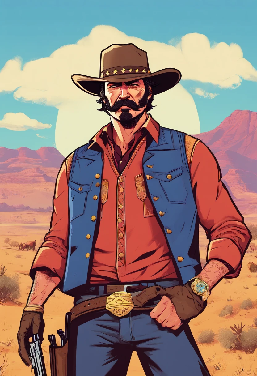 Red Dead Redemption 2 illustration style,Sheriff Curtis Malloy,Wear a Nevada hat,Khaki coat,Blue vest and white shirt,Nothing but a mustache