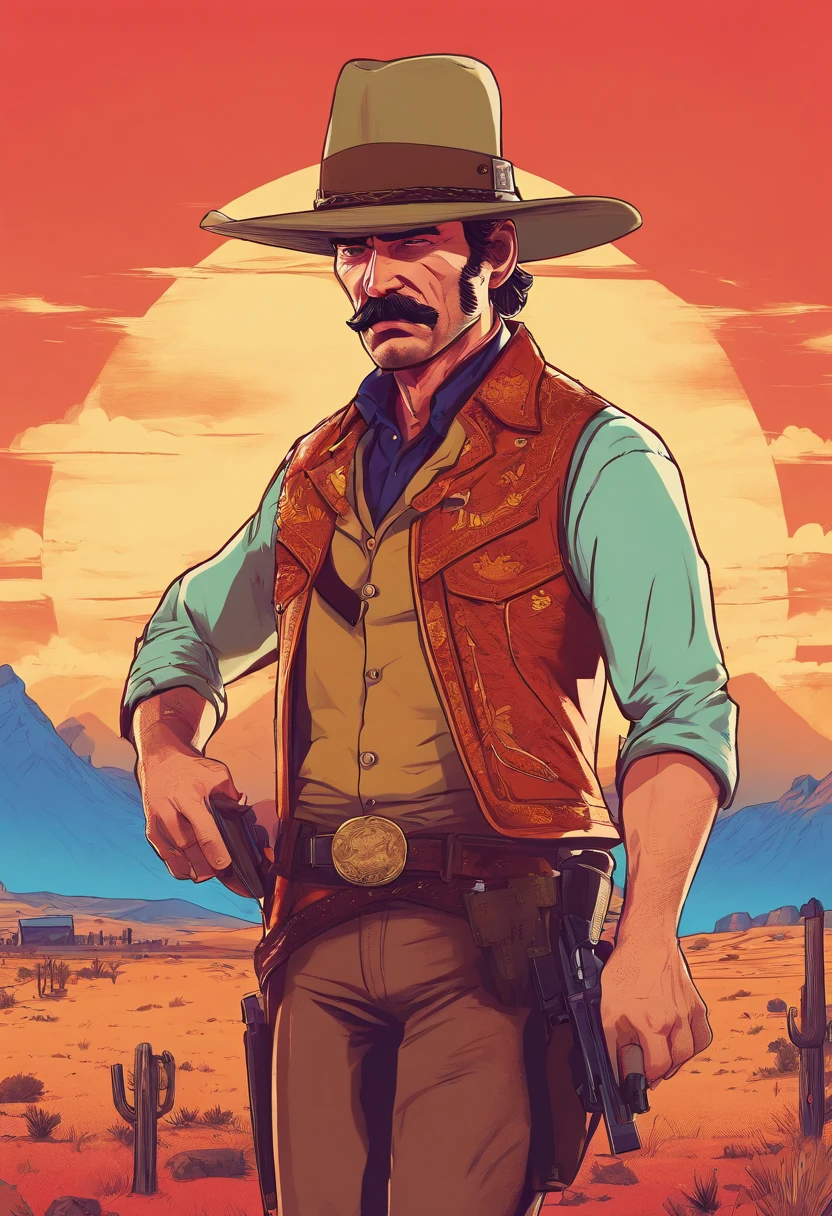Red Dead Redemption 2 illustration style，Sheriff Curtis Malloy，Wear a Nevada hat,Khaki coat，Blue vest and white shirt,Nothing but a mustache