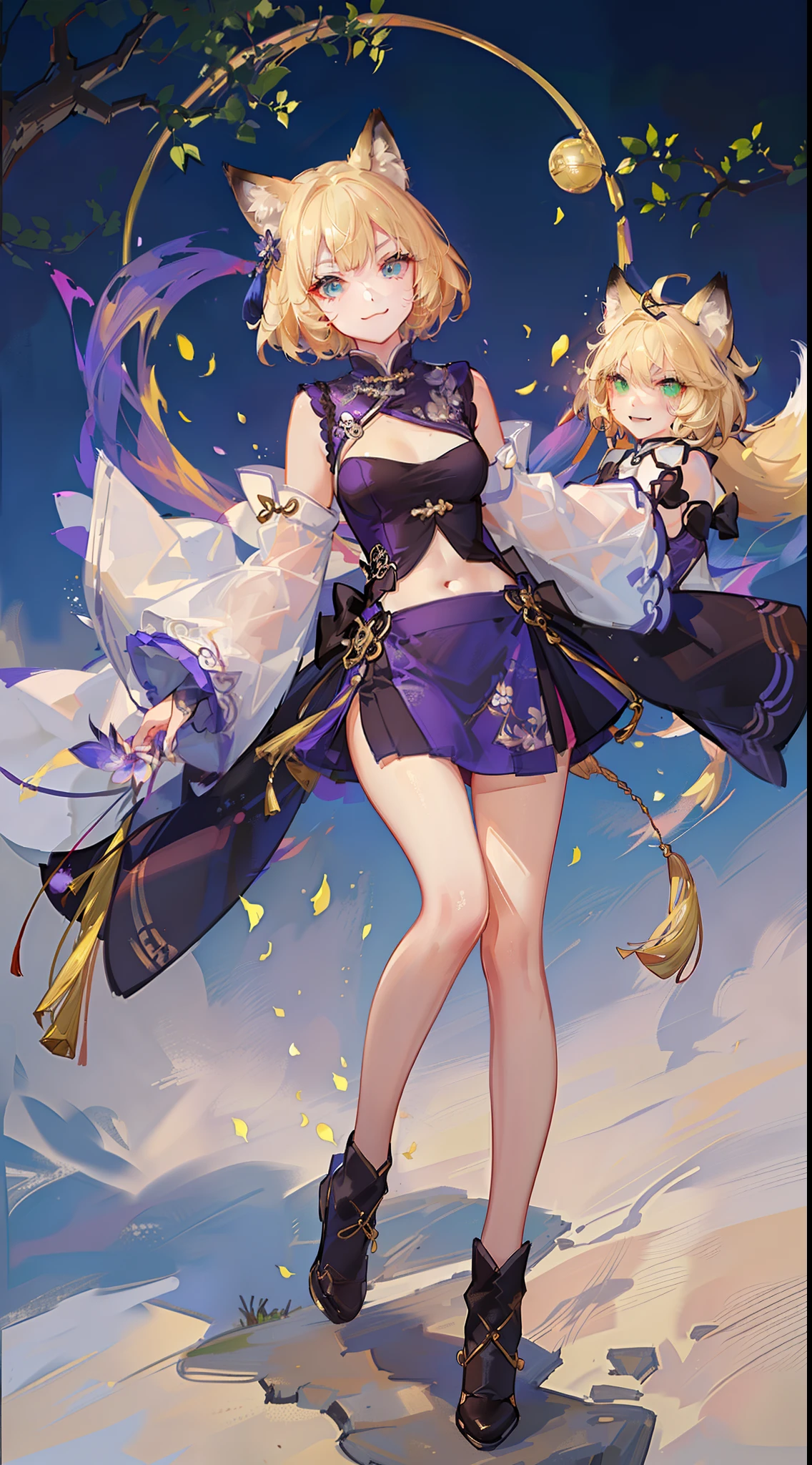 young girl, short blonde hair, Fox ears, violet eyes, long chinese skirt, Green Chinese tight top, open belly, smirk, Masterpiece, hiquality