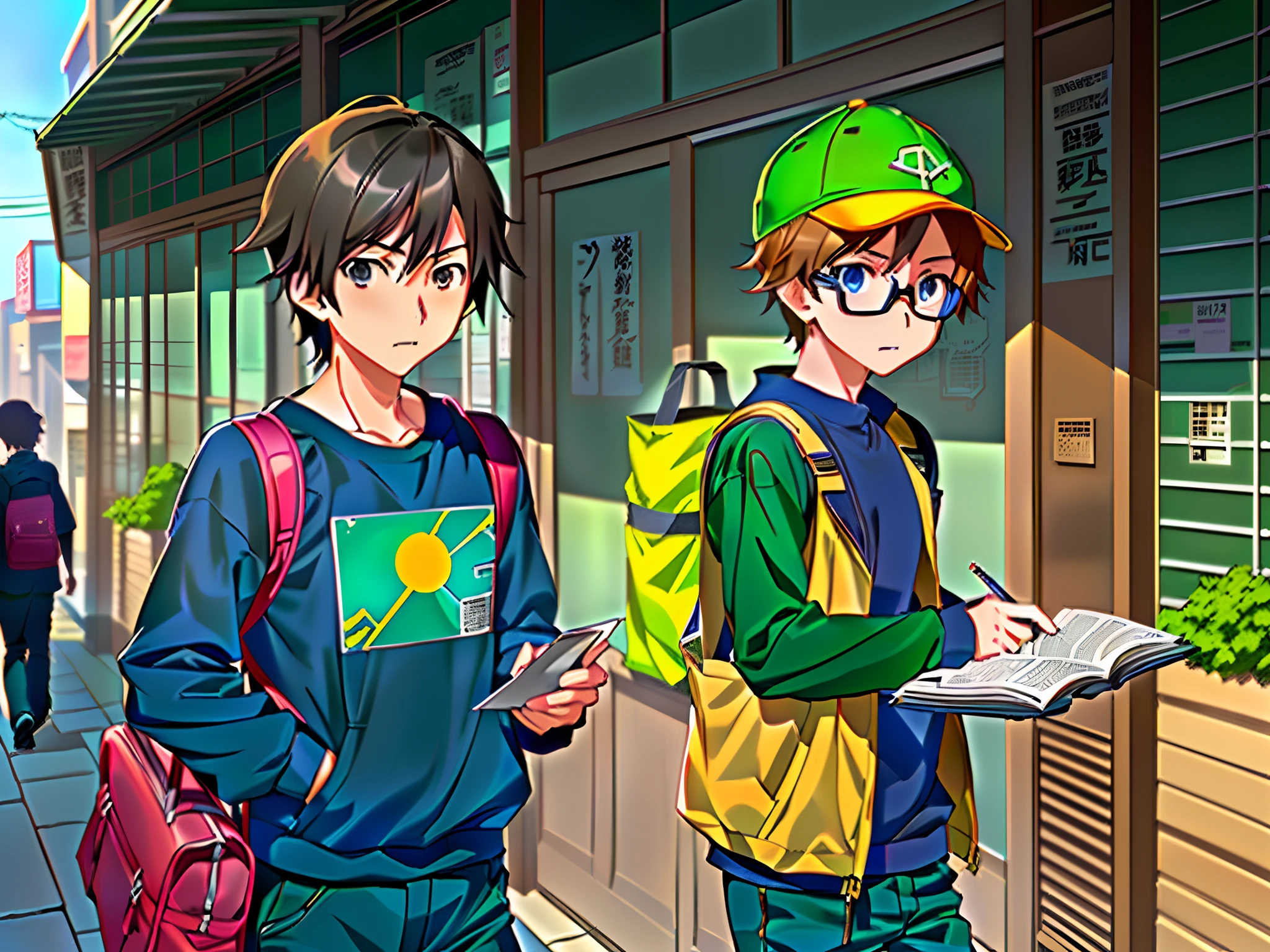 Anime character standing on sidewalk with a book, In anime style, modern anime style, akehiko inoue and ross tran, in an anime style, sakimichan and makoto shinkai, yusuke murata and makoto shinkai, Digital anime illustration, moebius and makoto shinkai, two anime handsome men, Anime art style
