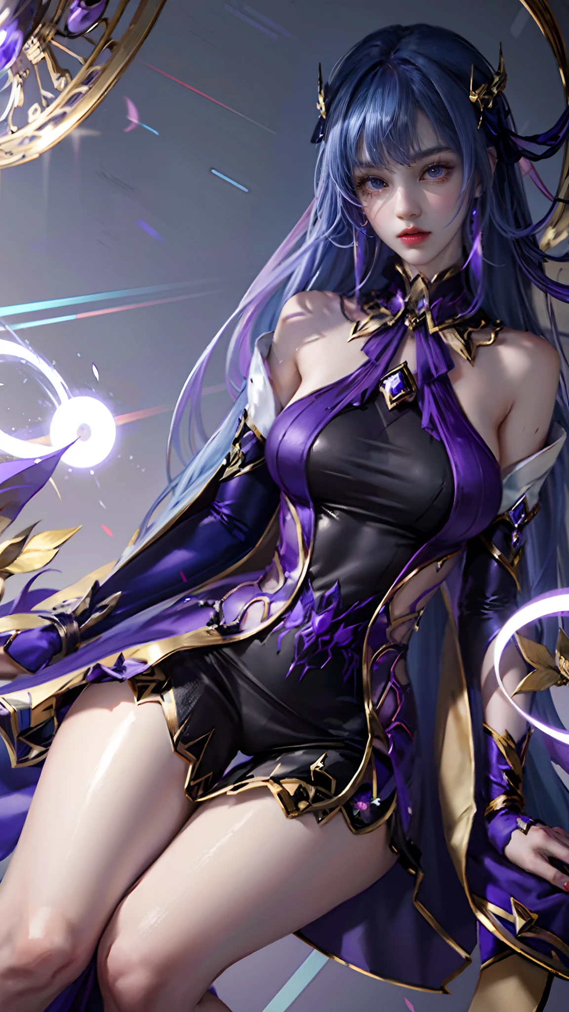 Long purple-blue hair,Purple clothes purple-gold decoration,Long white legs,cropped shoulders。show legs,Purple long-sleeved gloves,Original face shape,Purple pupils,Gao cold eyes,