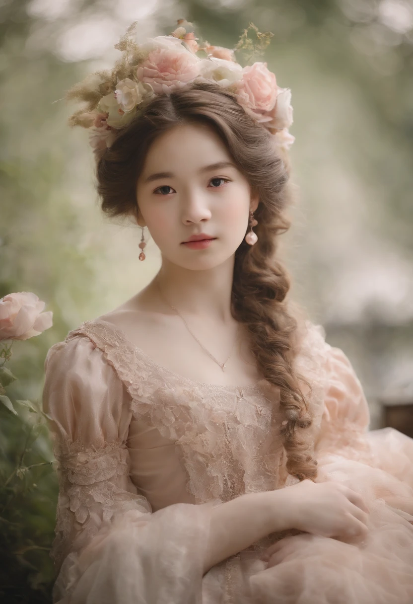 Young pretty girl in Victorian style、Gamine、Young Child 1. **lo fashion**: Victorian fashion is characterized by dressy and elegant design。Ruffles and laces、corsets、Try incorporating elements such as long dresses。 2. **hairstyle on**: Women's hairstyles in the Victorian era are often complex and delicate。Upstyling and curling、It is also a good idea to add ribbons and floral ornaments to the hair.。 3. **Features**: Girl's facial features with soft features、Beautie、kawaii、Beautiful 5. **accessorized**: Accessories played an important role in the Victorian era。Hats、choker necklace、gloves、umbrellas, etc.、By drawing accessories with attention to detail、You can give your character personality。 Nice dress、florals、Luxurious costumes、pink there、PastelColors